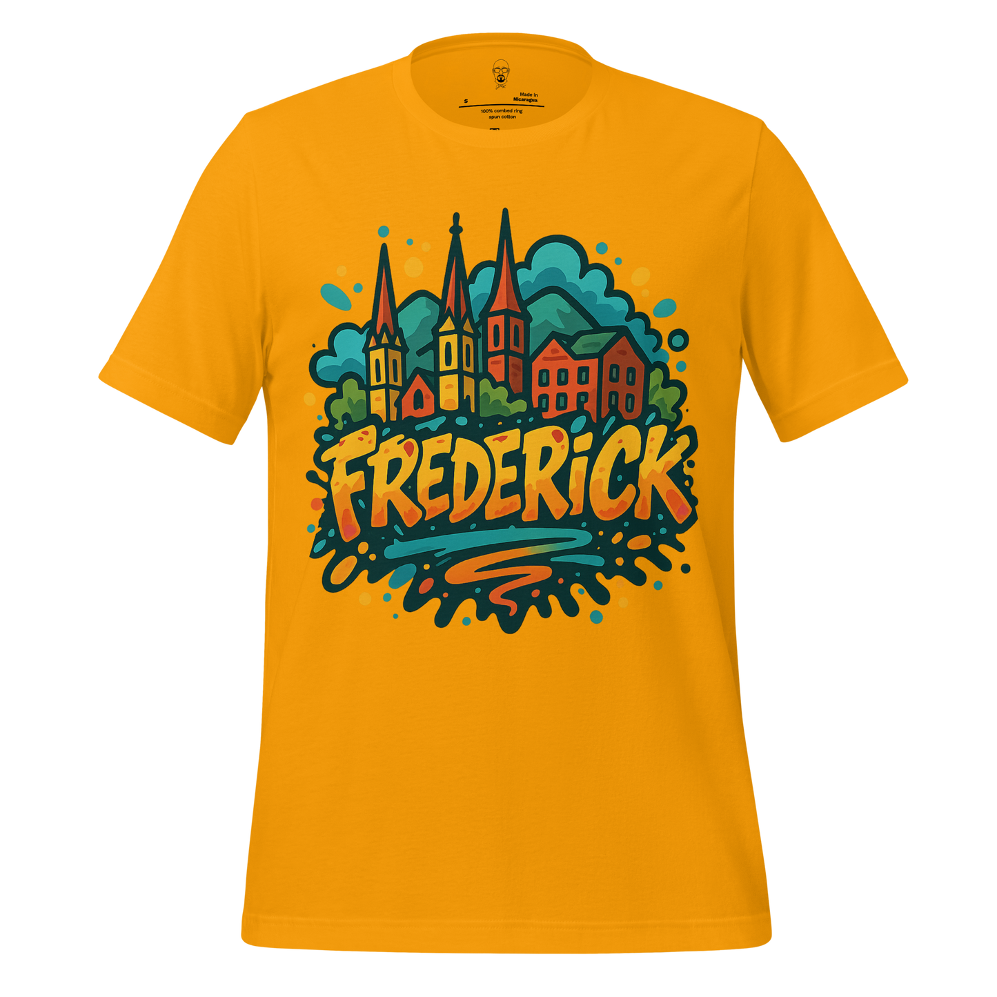 JMK Drip Frederick Graphic T-Shirt in yellow featuring colorful cityscape and Frederick text design