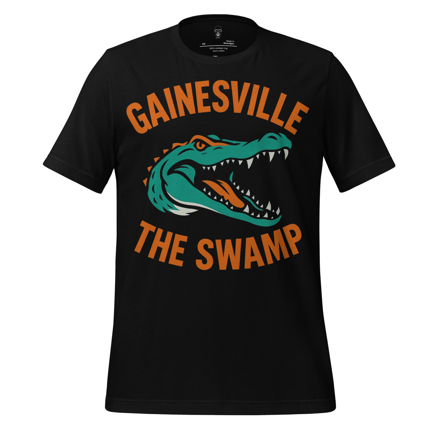 Black Gainesville Graphic T-Shirt with green alligator and orange Gainesville The Swamp text