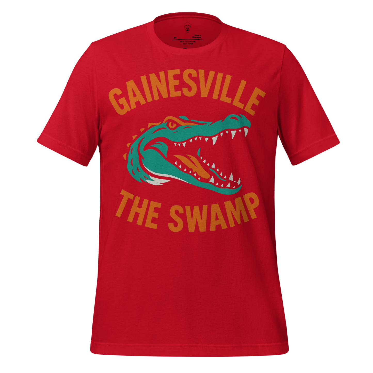 Red Gainesville Graphic T-Shirt featuring a colorful alligator graphic with Gainesville The Swamp text