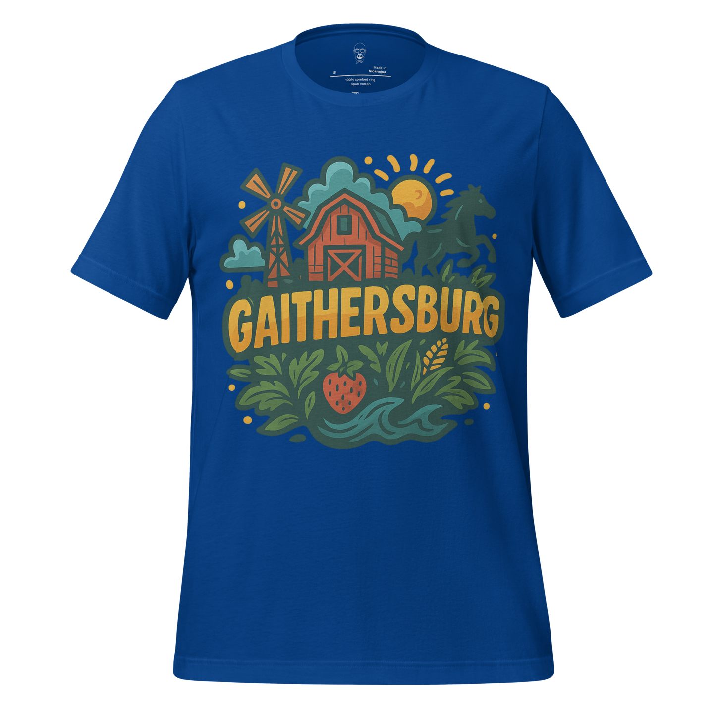 JMK Drip Gaithersburg Graphic T-Shirt in blue with barn, horse, sun, windmill, and strawberry design
