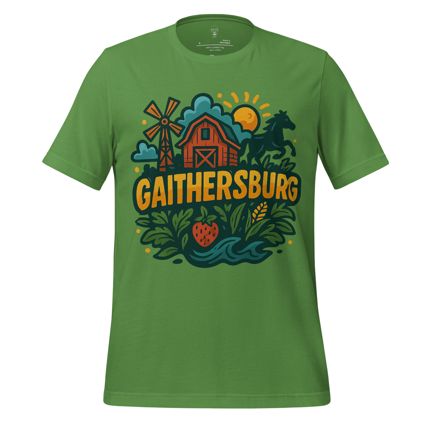 Green Gaithersburg Graphic T-Shirt with farm scene featuring barn, windmill, horse, sun, and plants design