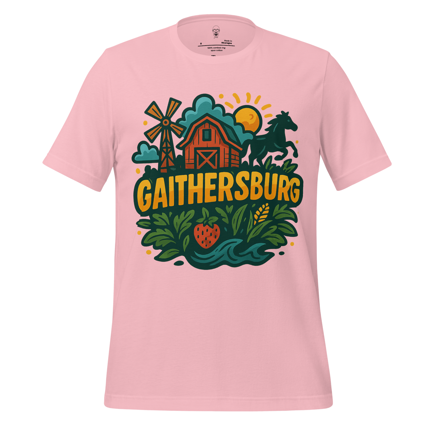 Pink Gaithersburg Graphic T-Shirt with barn, horse, windmill, and strawberry design by JMK Drip