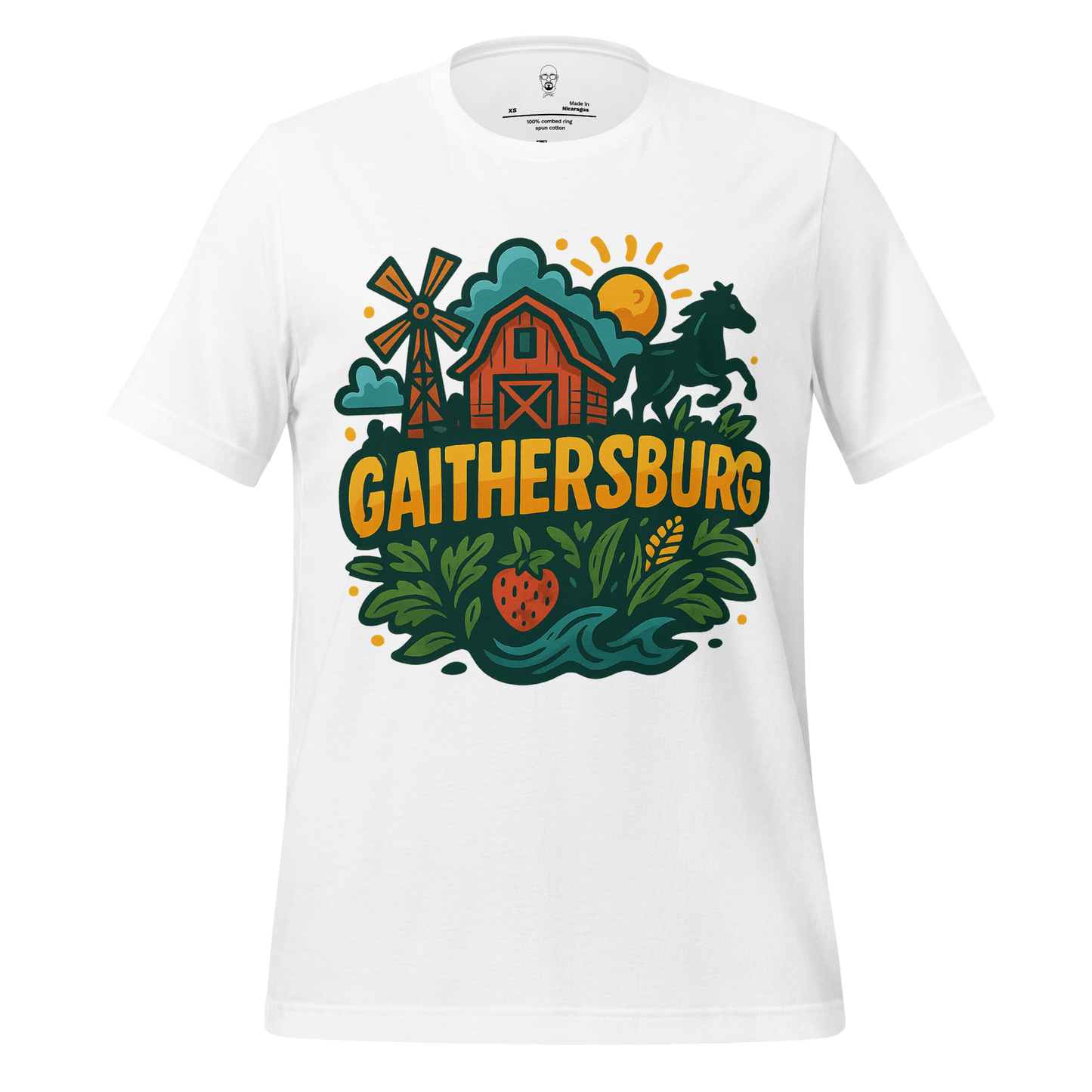 JMK Drip Gaithersburg Graphic T-Shirt with farm, horse, and nature design in green and orange on white