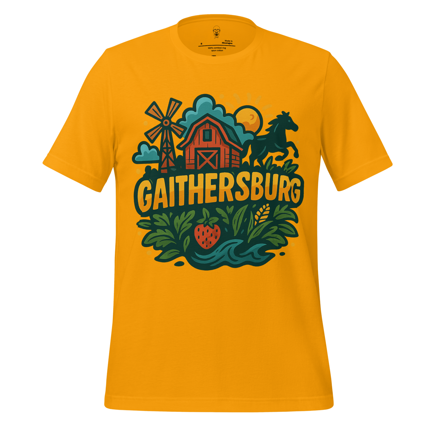 JMK Drip Gaithersburg Graphic T-Shirt in yellow featuring barn, windmill, horse, and strawberry design