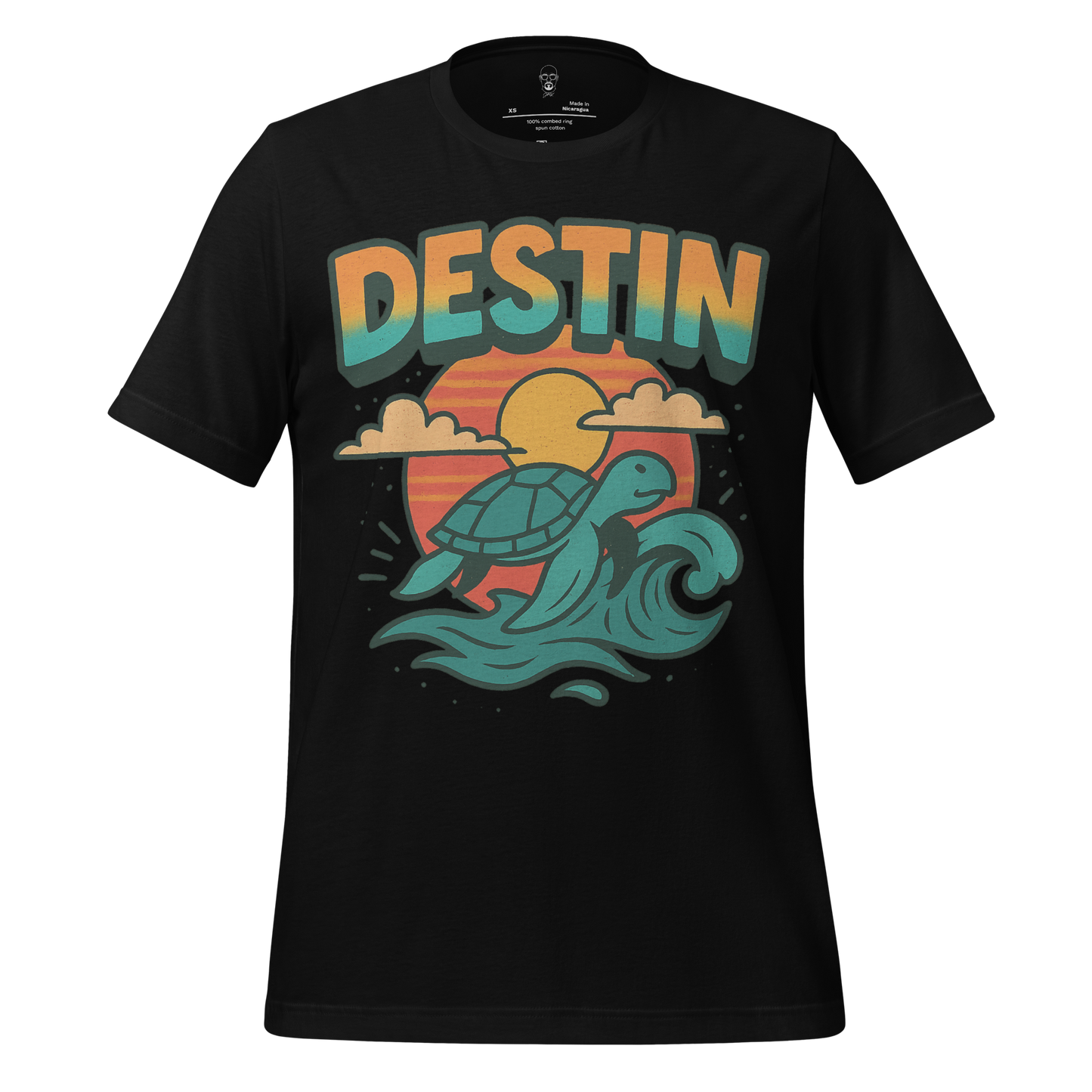 Black Destin Graphic T-Shirt with colorful sea turtle and sunset wave design