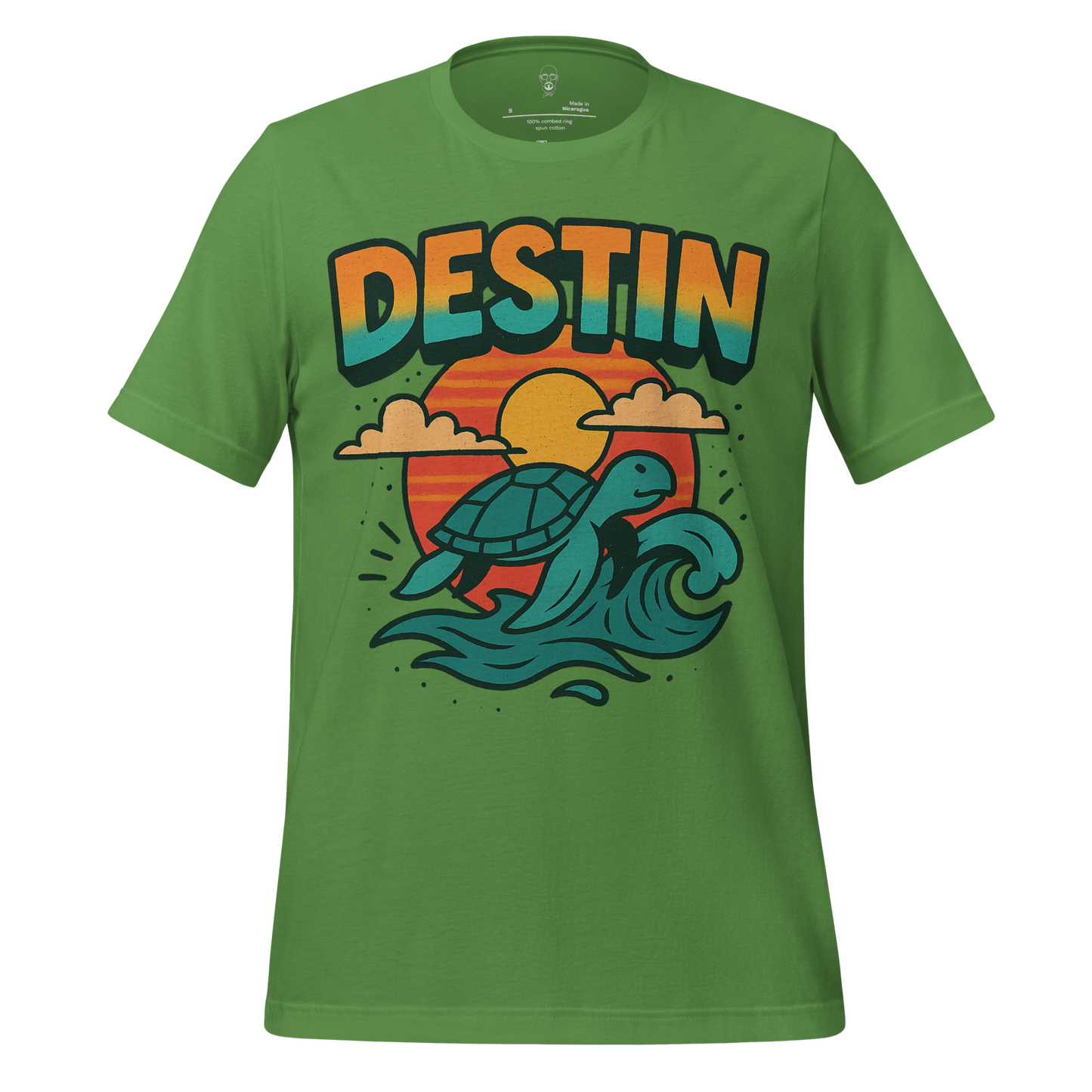 Green Destin Graphic T-Shirt featuring a turtle riding waves with a sunset background