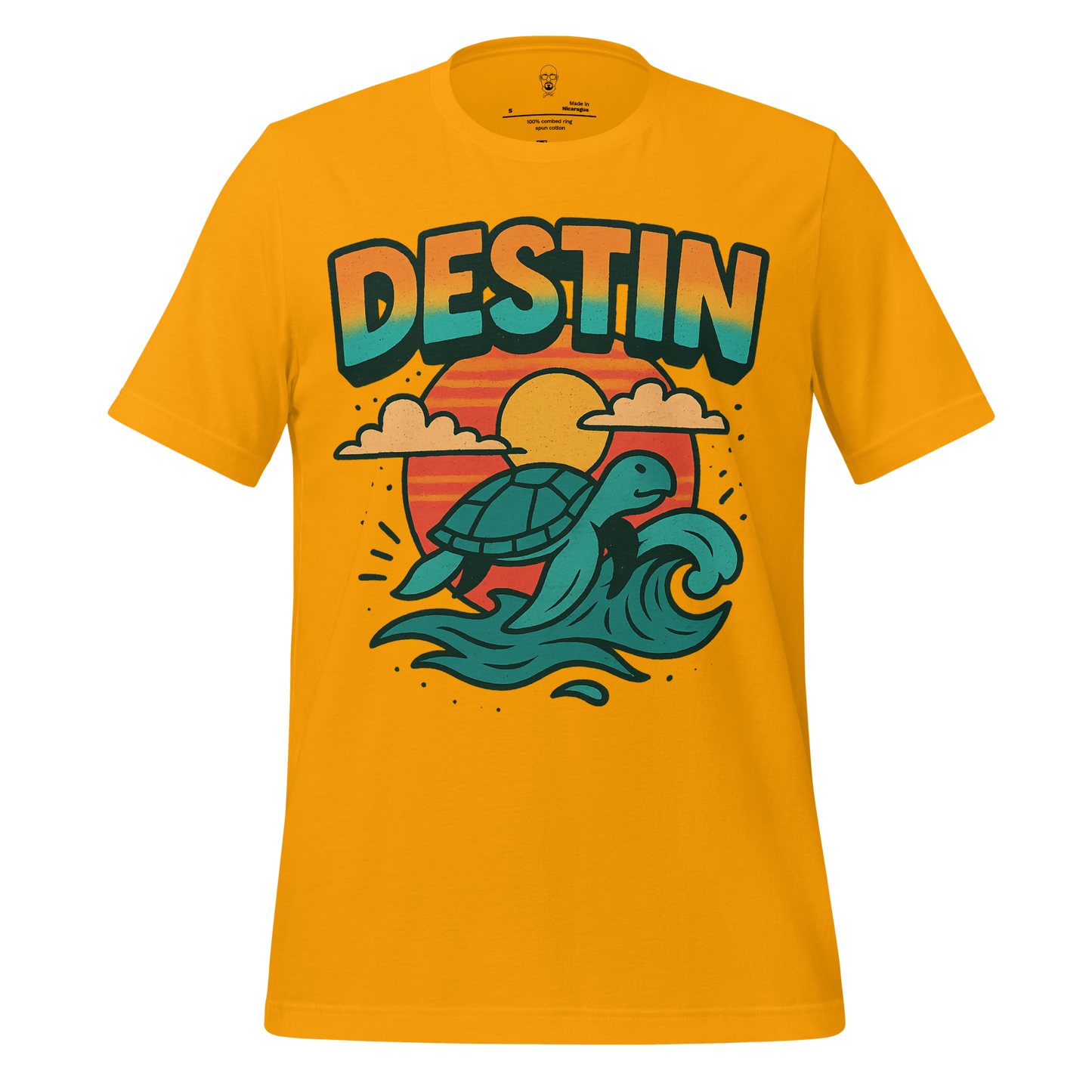 Yellow Destin Graphic T-Shirt featuring a sea turtle riding waves with a sunset and clouds design