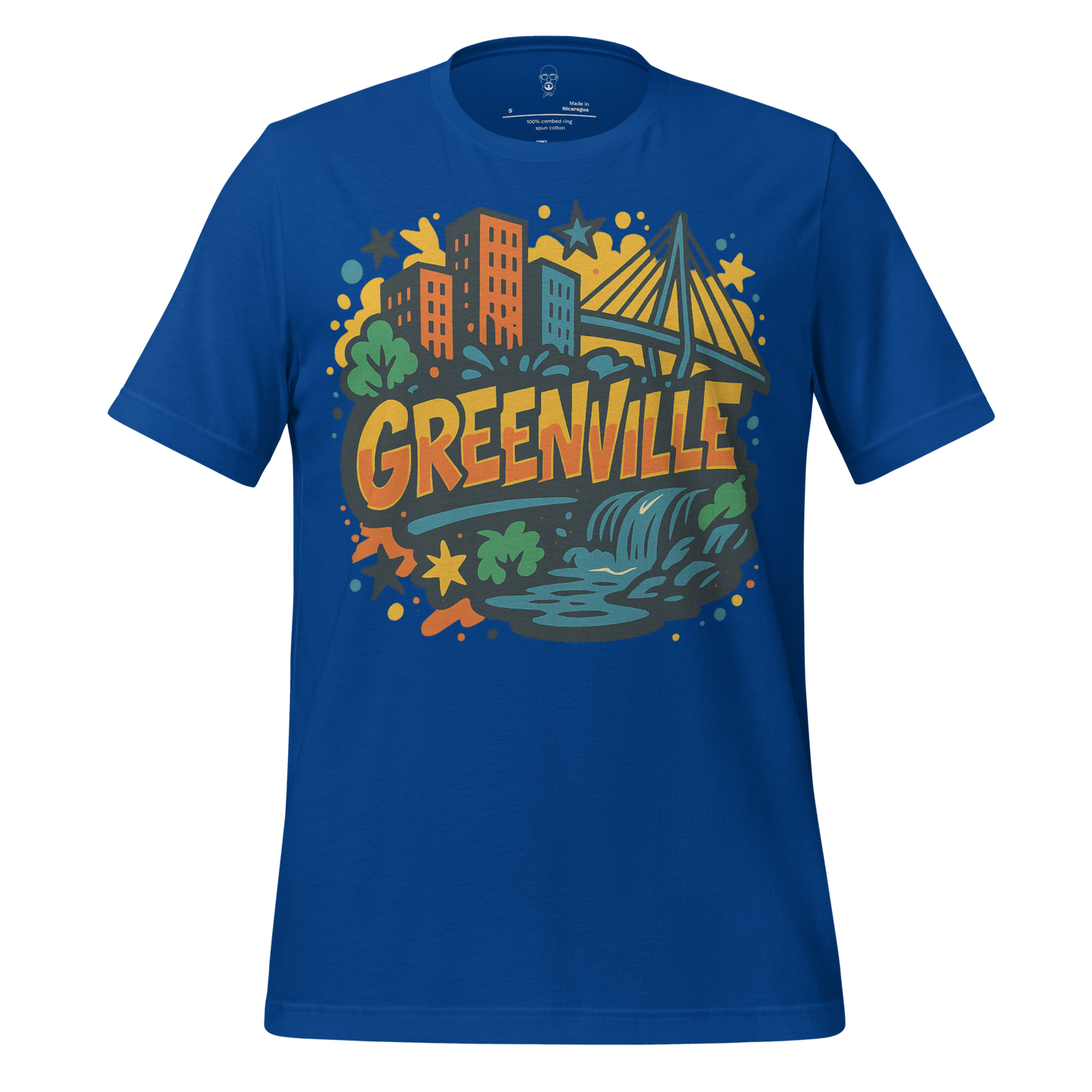 Blue Greenville graphic t-shirt featuring cityscape, bridge, waterfall, and nature design