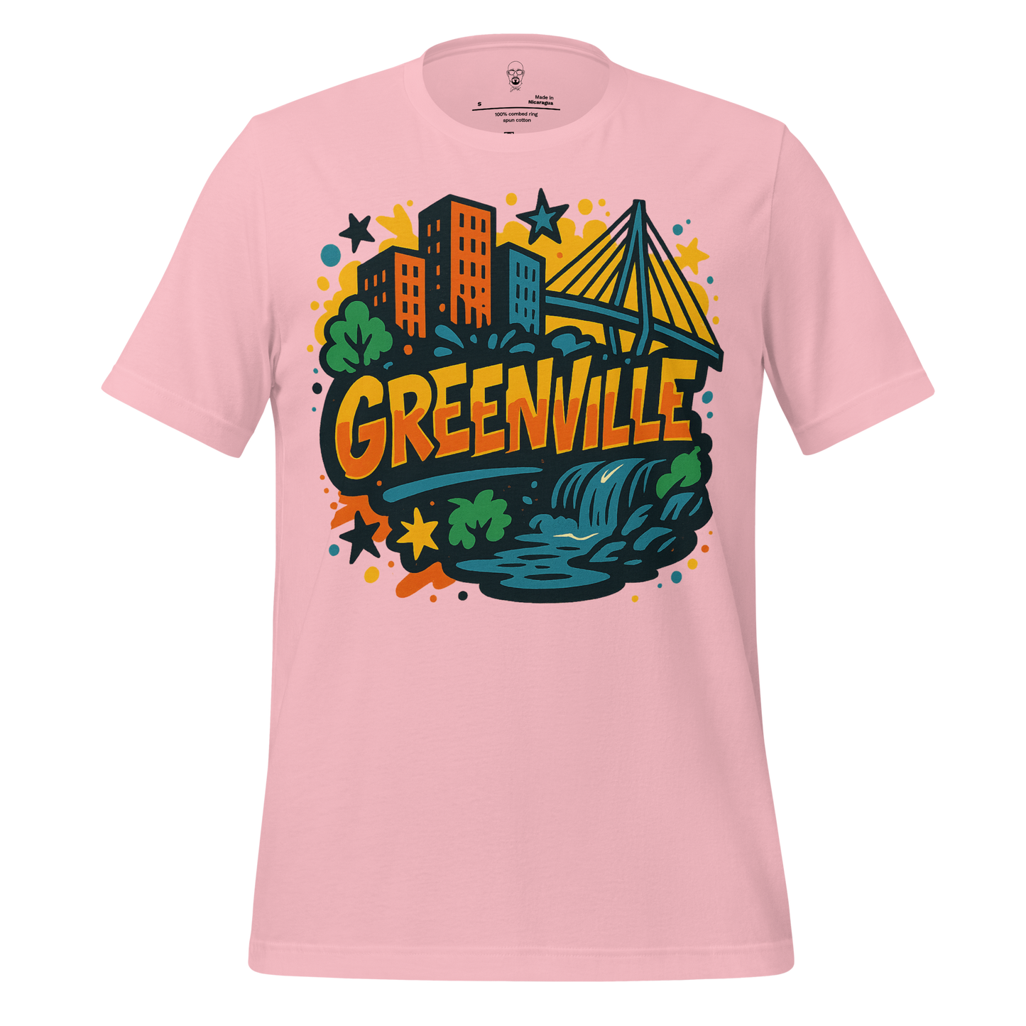 Pink Greenville graphic t-shirt by JMK Drip featuring colorful cityscape and bridge design