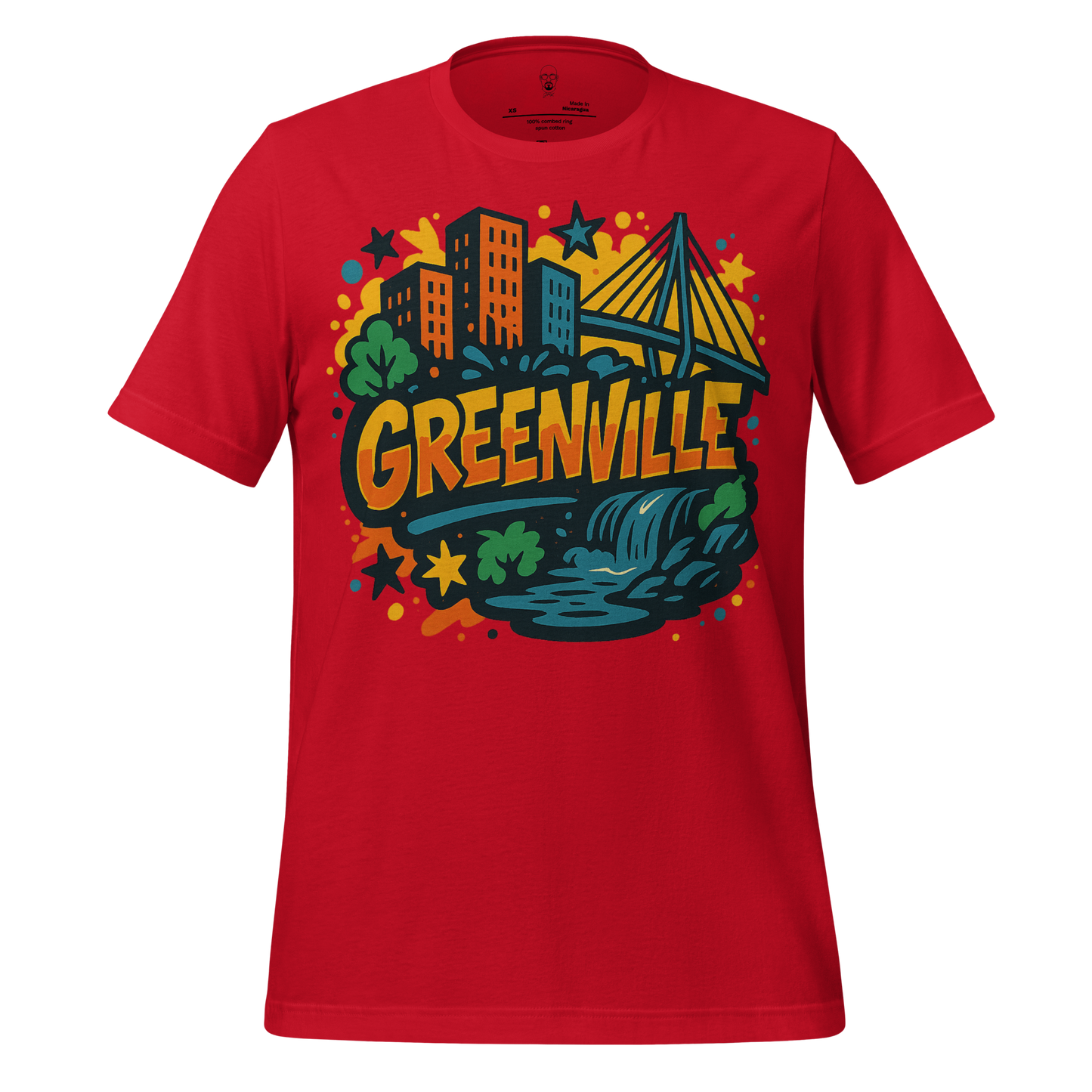 Red Greenville graphic t-shirt by JMK Drip featuring cityscape, bridge, waterfall, and colorful design