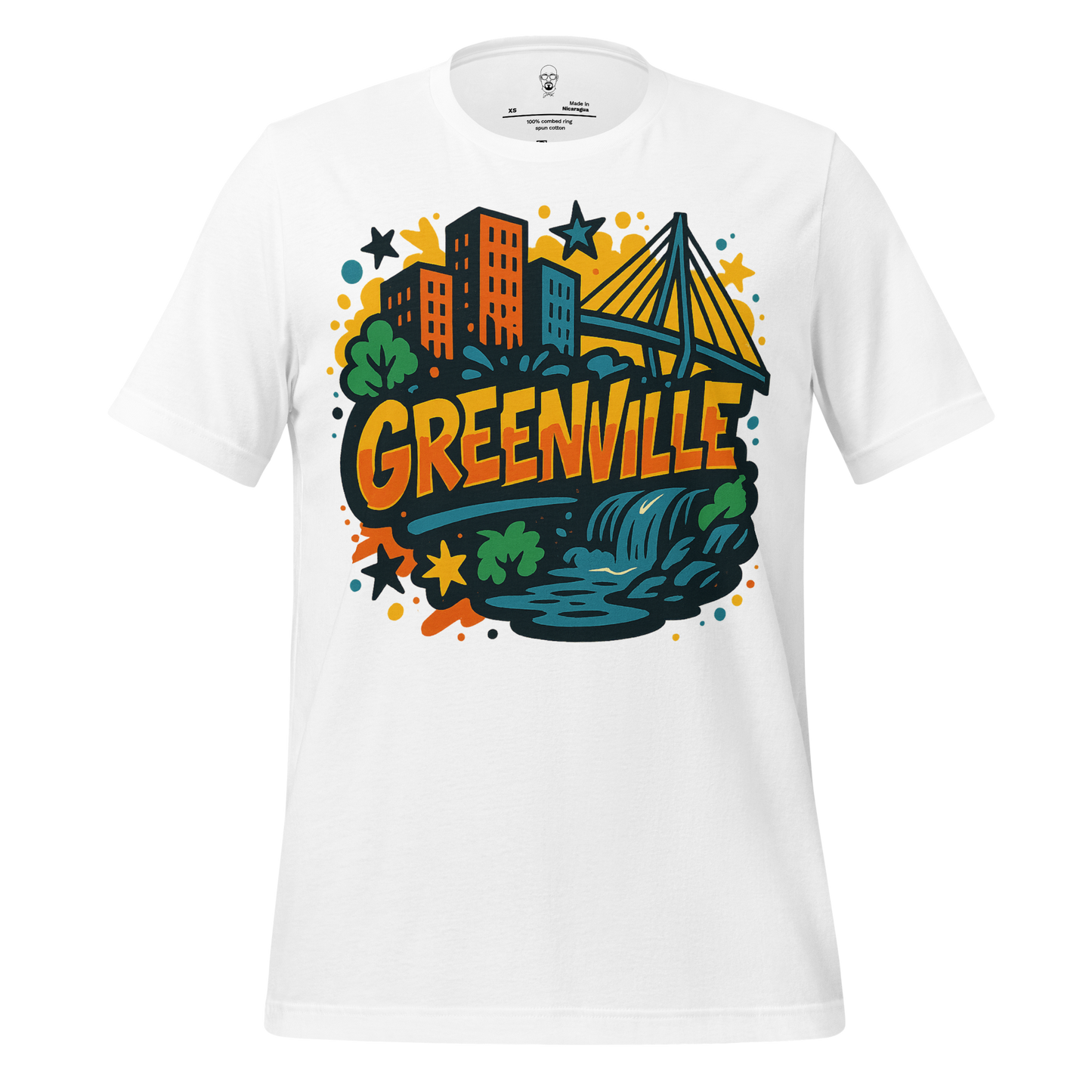 JMK Drip white Greenville graphic t-shirt with colorful cityscape, bridge, and waterfall design