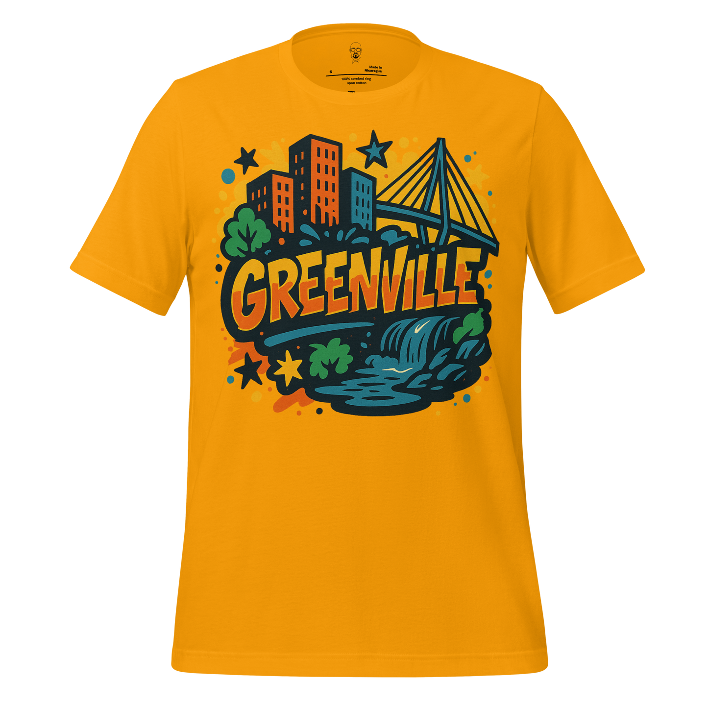 Yellow Greenville graphic t-shirt by JMK Drip with cityscape and bridge design