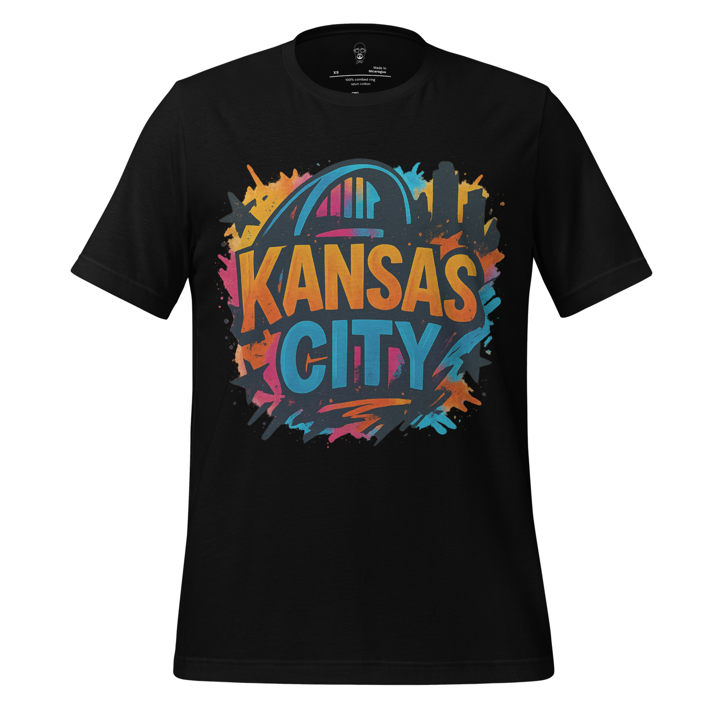 JMK Drip black Kansas City graphic tee with colorful cityscape and iconic arch design