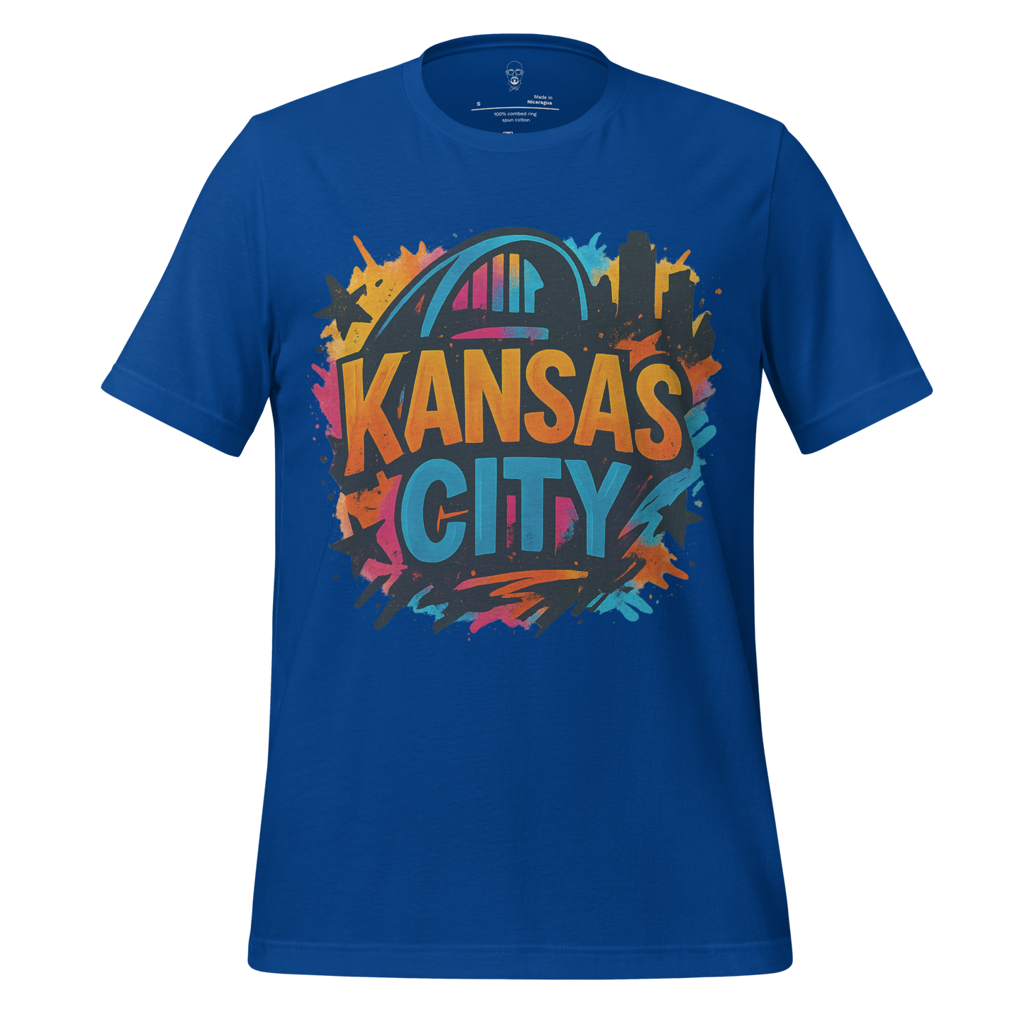 JMK Drip blue Kansas City graphic tee with colorful cityscape and arch design