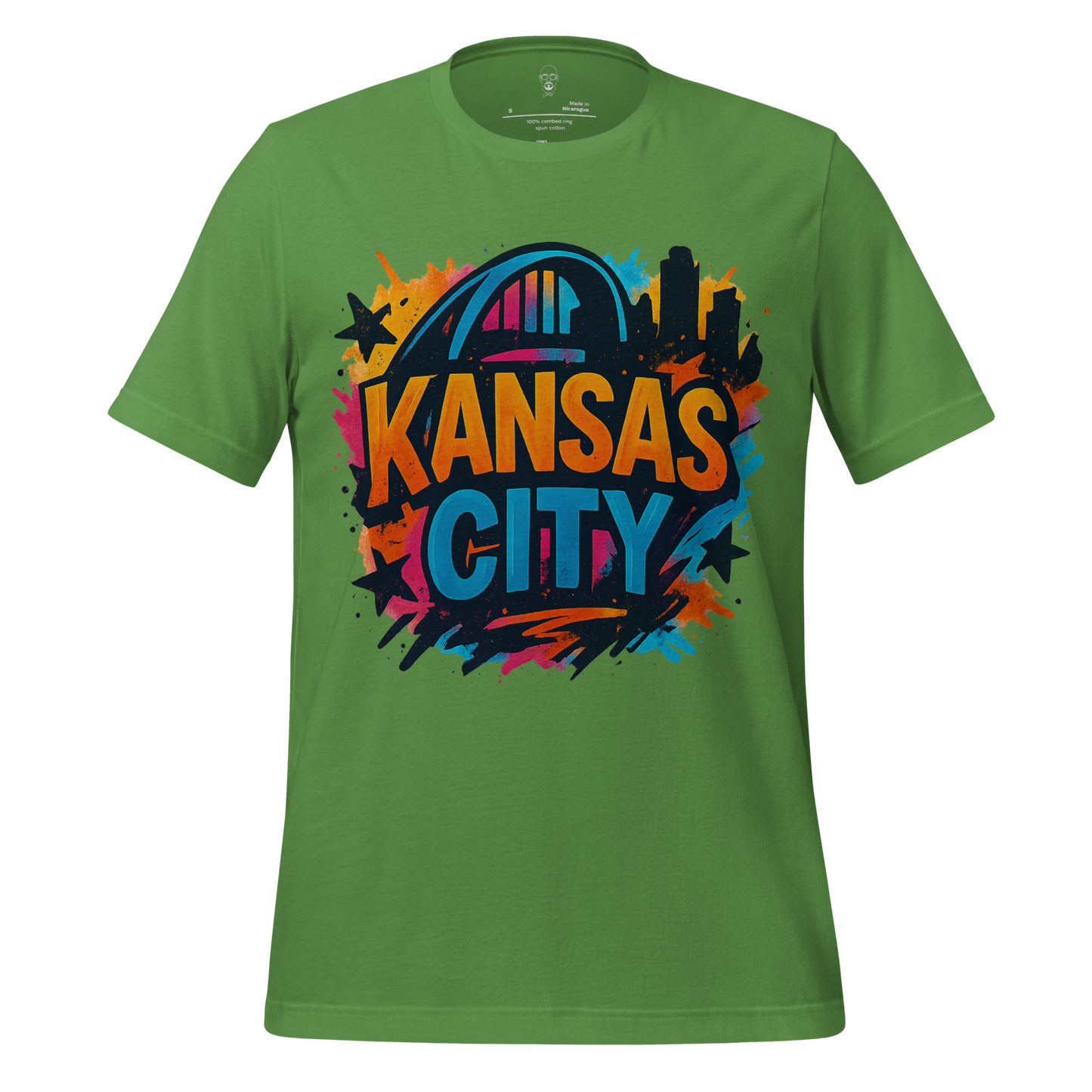 Green Kansas City graphic tee featuring colorful city skyline and bold text design