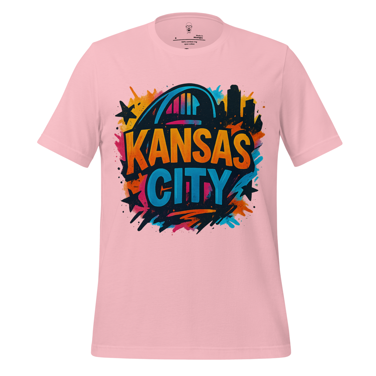 Pink Kansas City graphic tee by JMK Drip with colorful city skyline and bold lettering