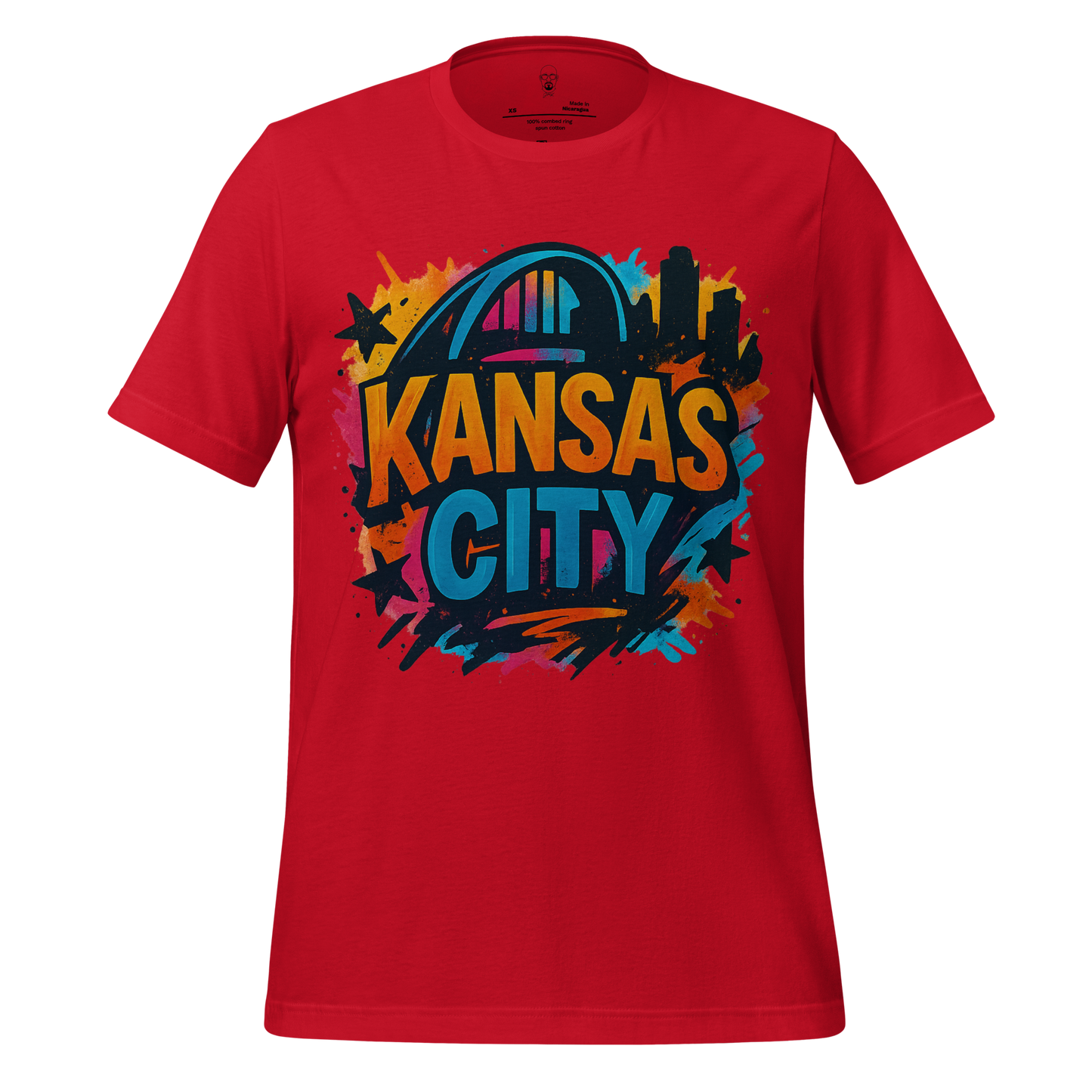 Red Kansas City graphic tee with colorful city skyline and arch design by JMK Drip