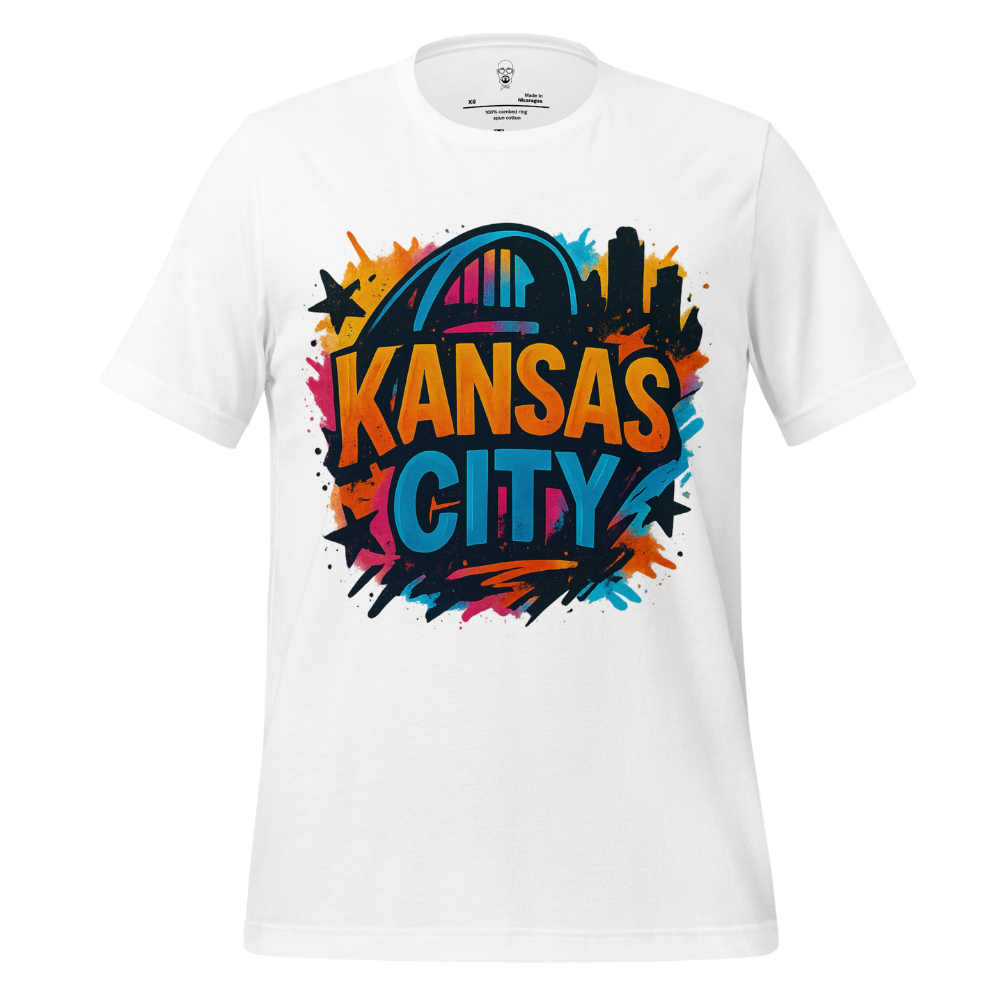 White Kansas City graphic tee with colorful city skyline and bold text design