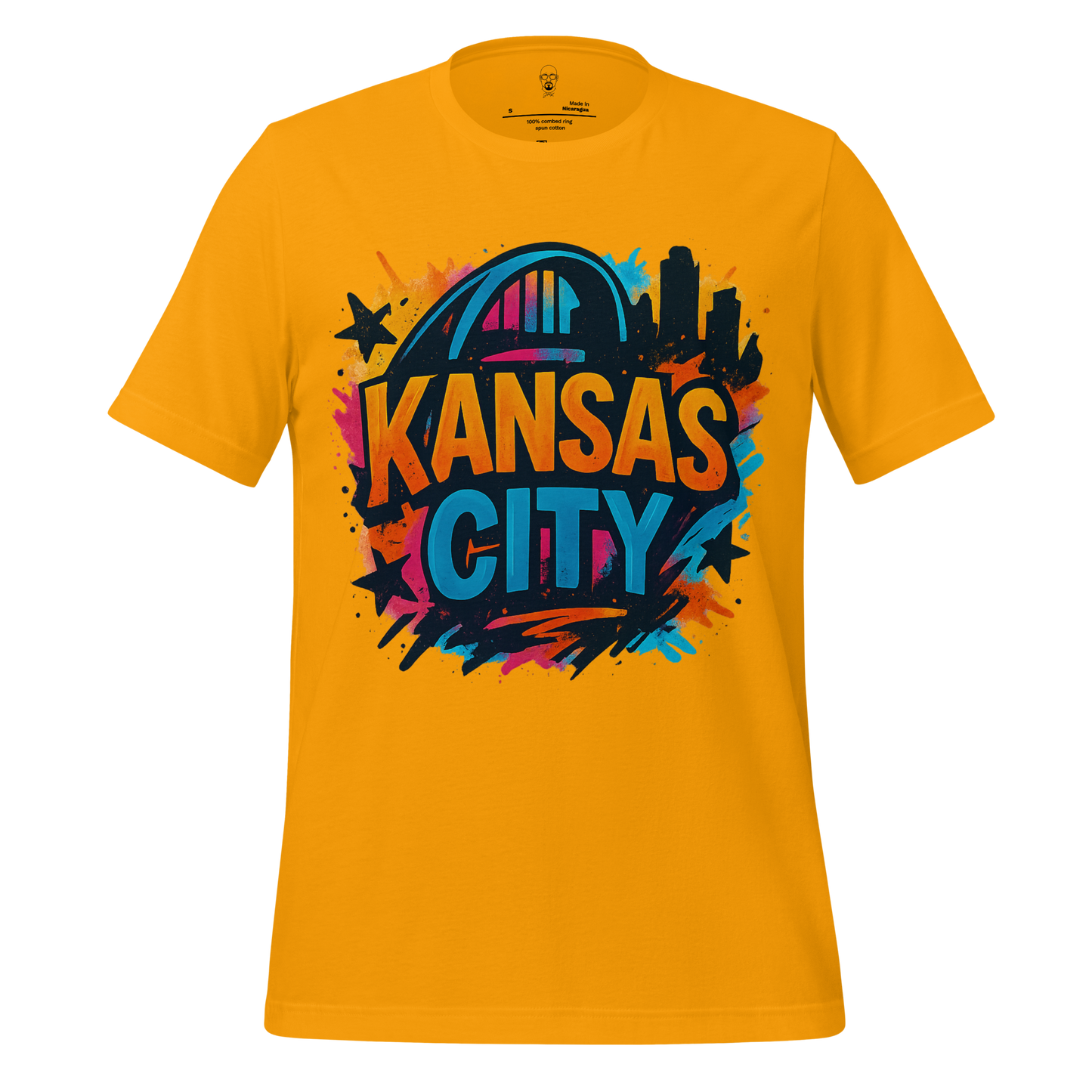 JMK Drip yellow Kansas City graphic tee with colorful city skyline and bold text design