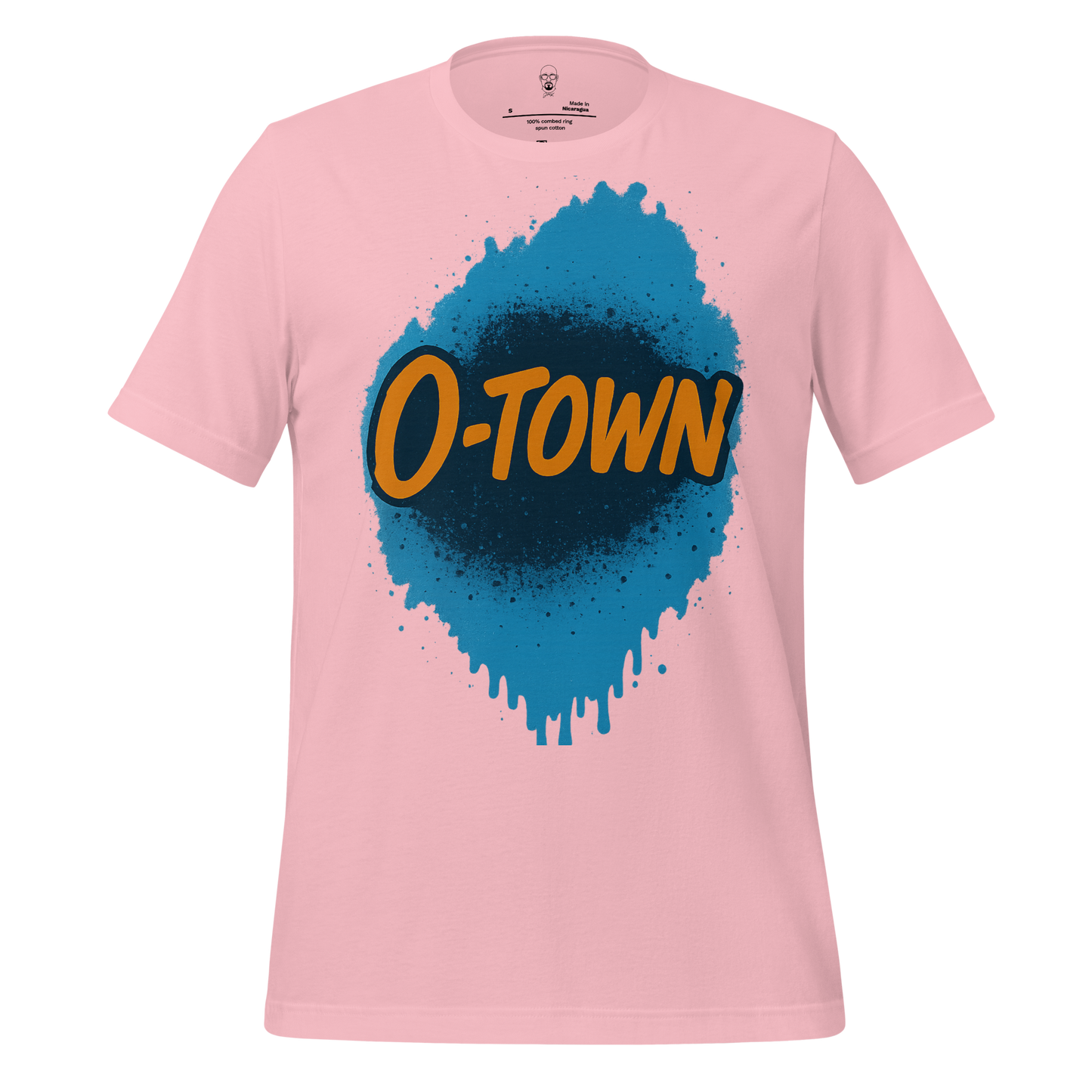 Pink Orlando graphic t-shirt with blue paint splash and orange O-Town text design