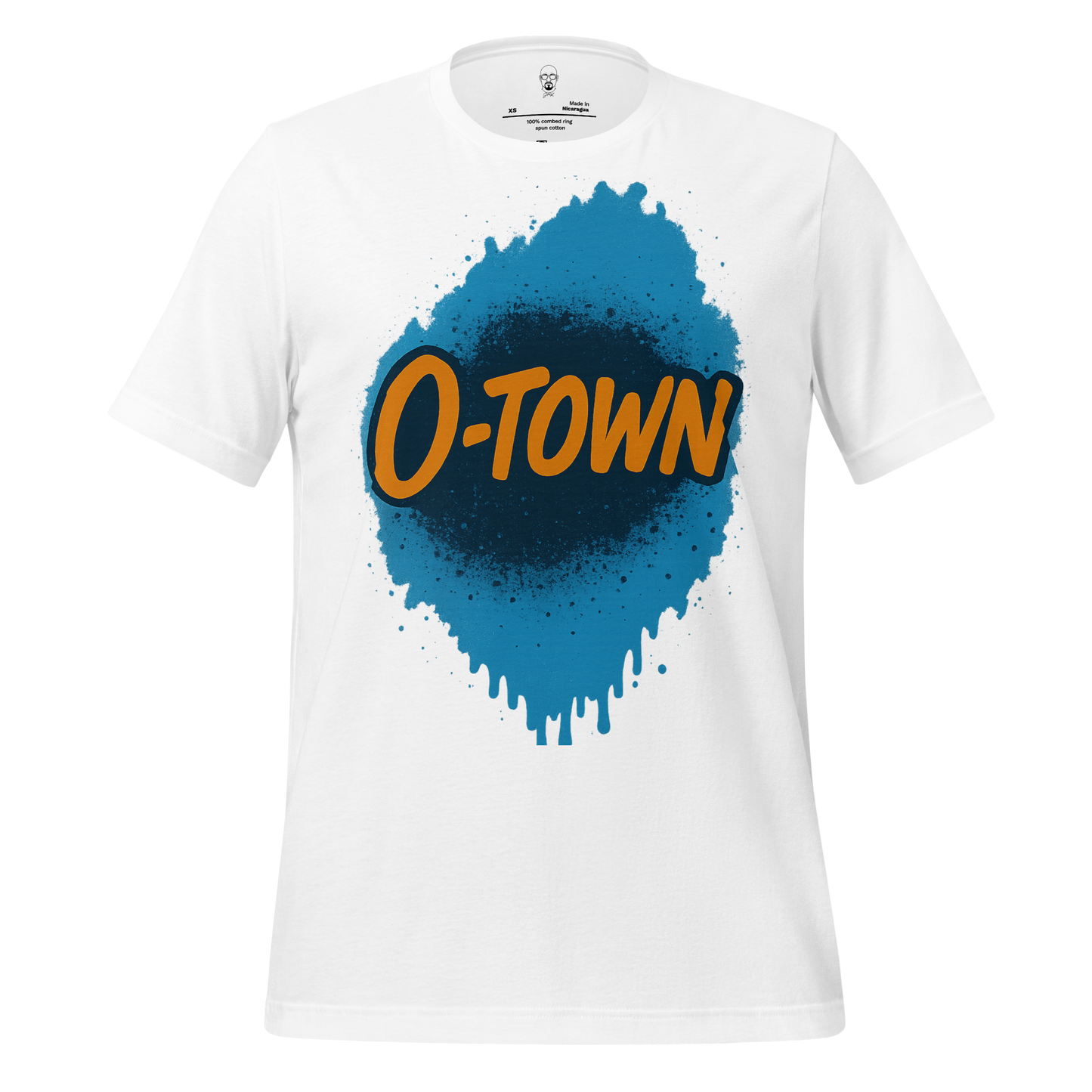 White Orlando graphic t-shirt with blue paint splash and orange O-TOWN text design