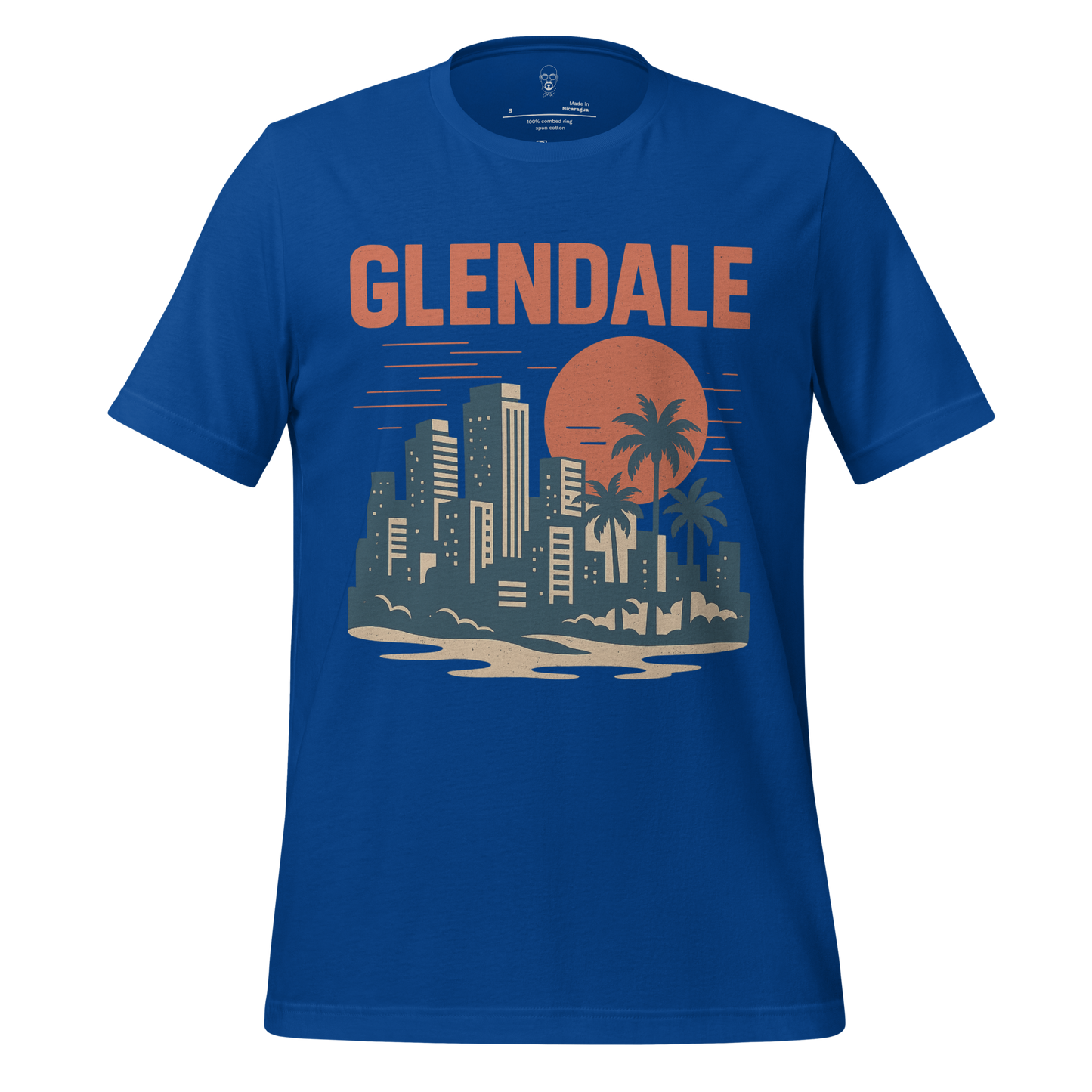 Blue Glendale Graphic T-Shirt featuring city skyline and palm tree design with orange sun