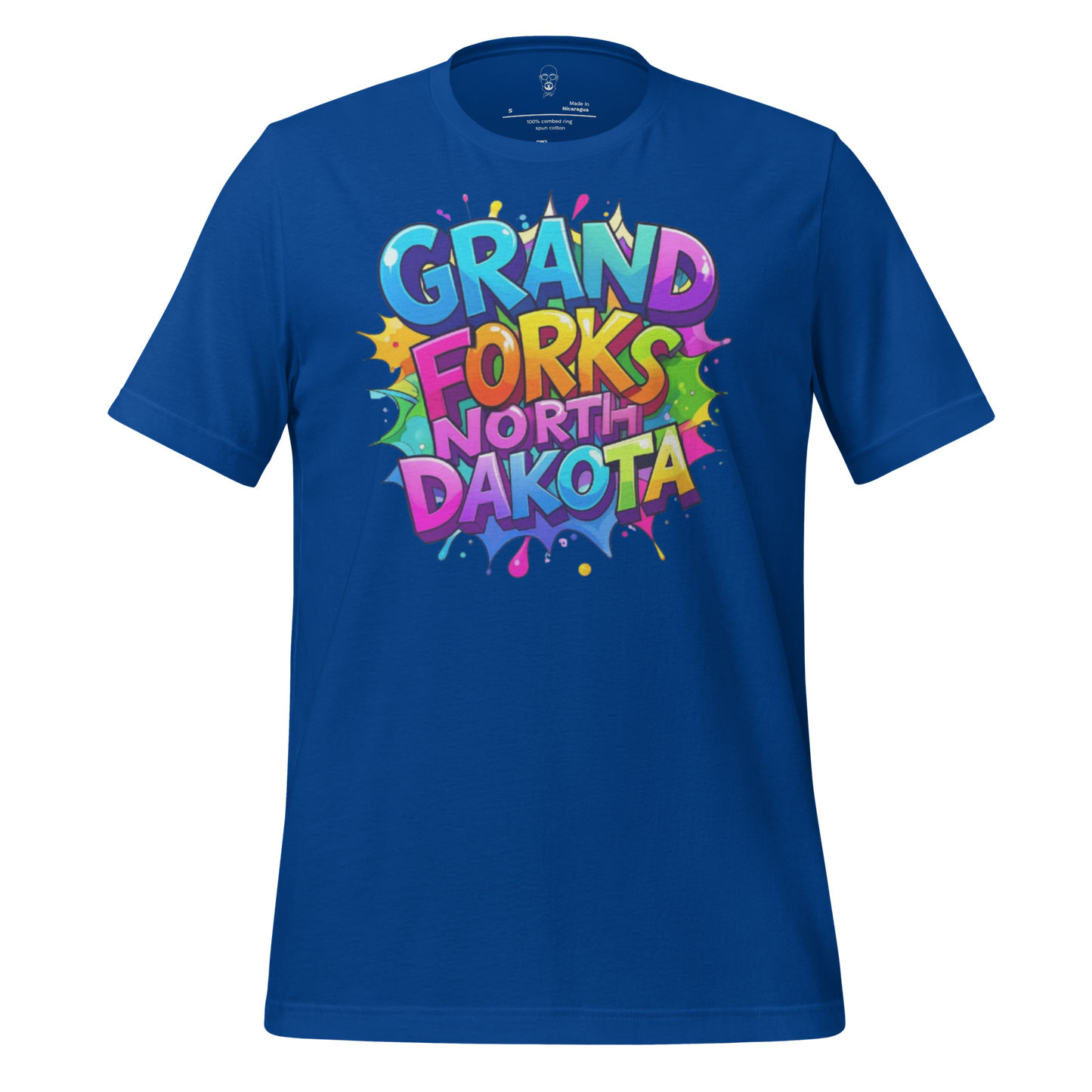 JMK Drip blue Grand Forks North Dakota t-shirt with colorful graffiti-style text design