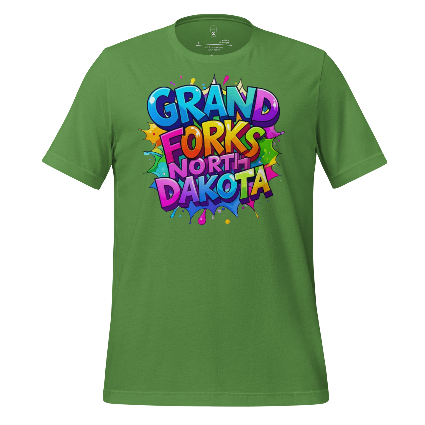 Green t-shirt with colorful Grand Forks North Dakota t-shirt design by JMK Drip
