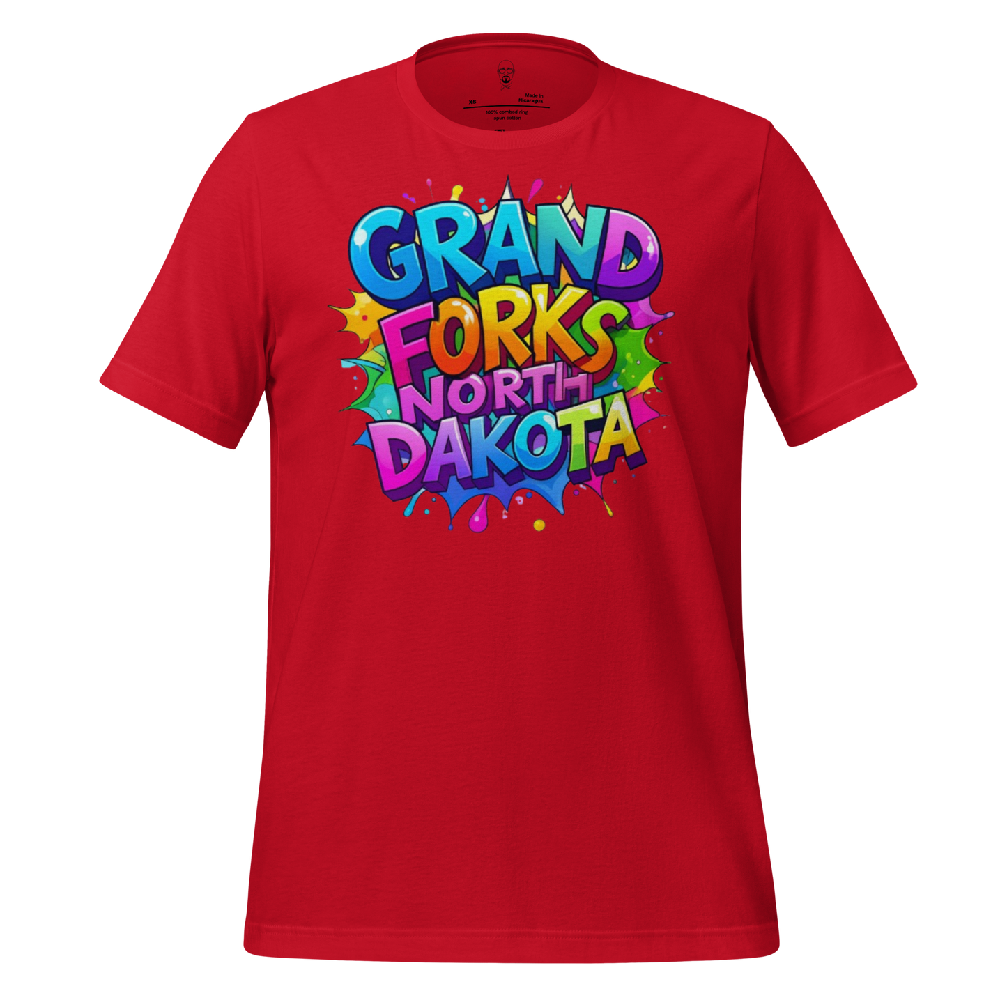 Red JMK Drip t-shirt with colorful Grand Forks North Dakota t-shirt graphic design