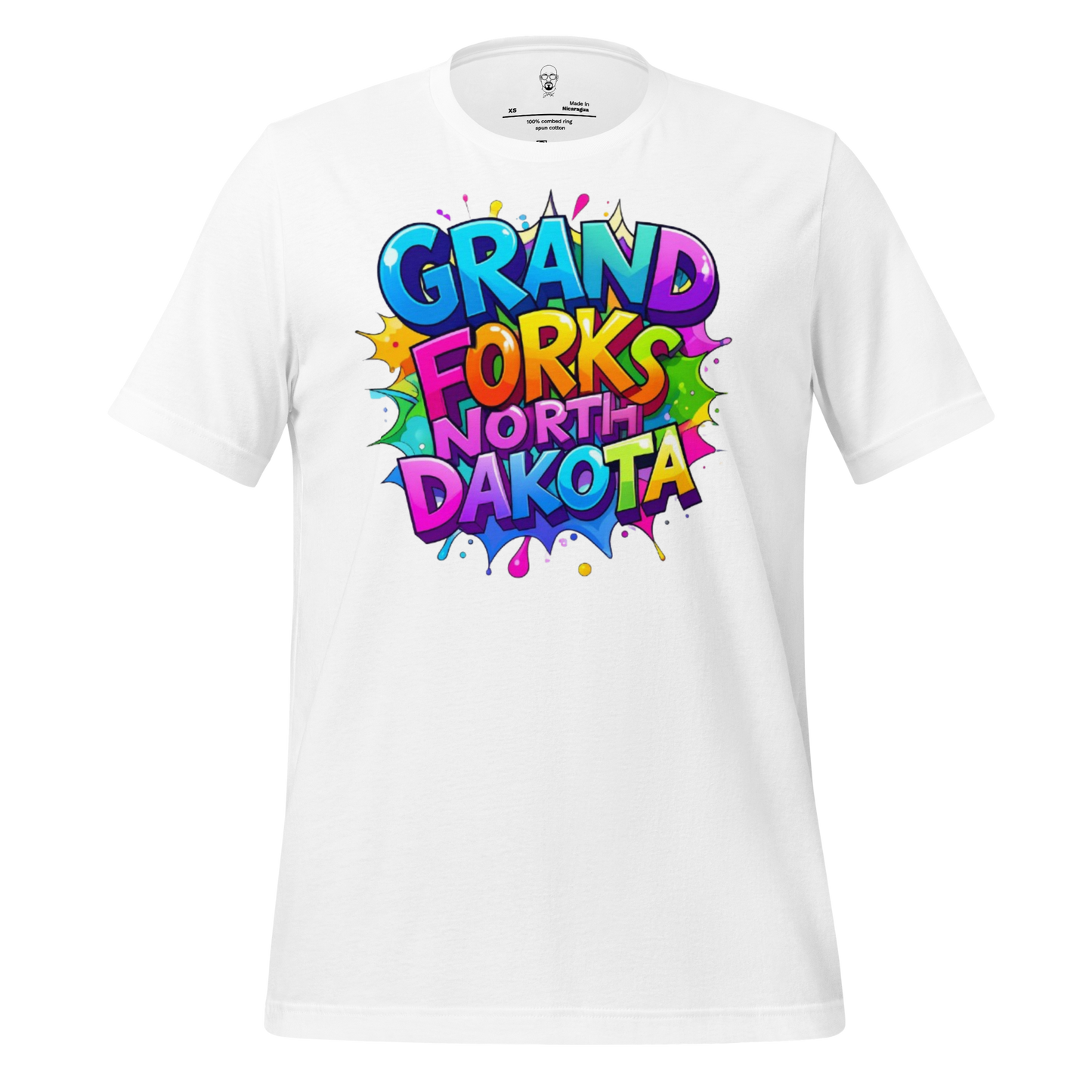 White JMK Drip t-shirt with colorful Grand Forks North Dakota t-shirt graphic design