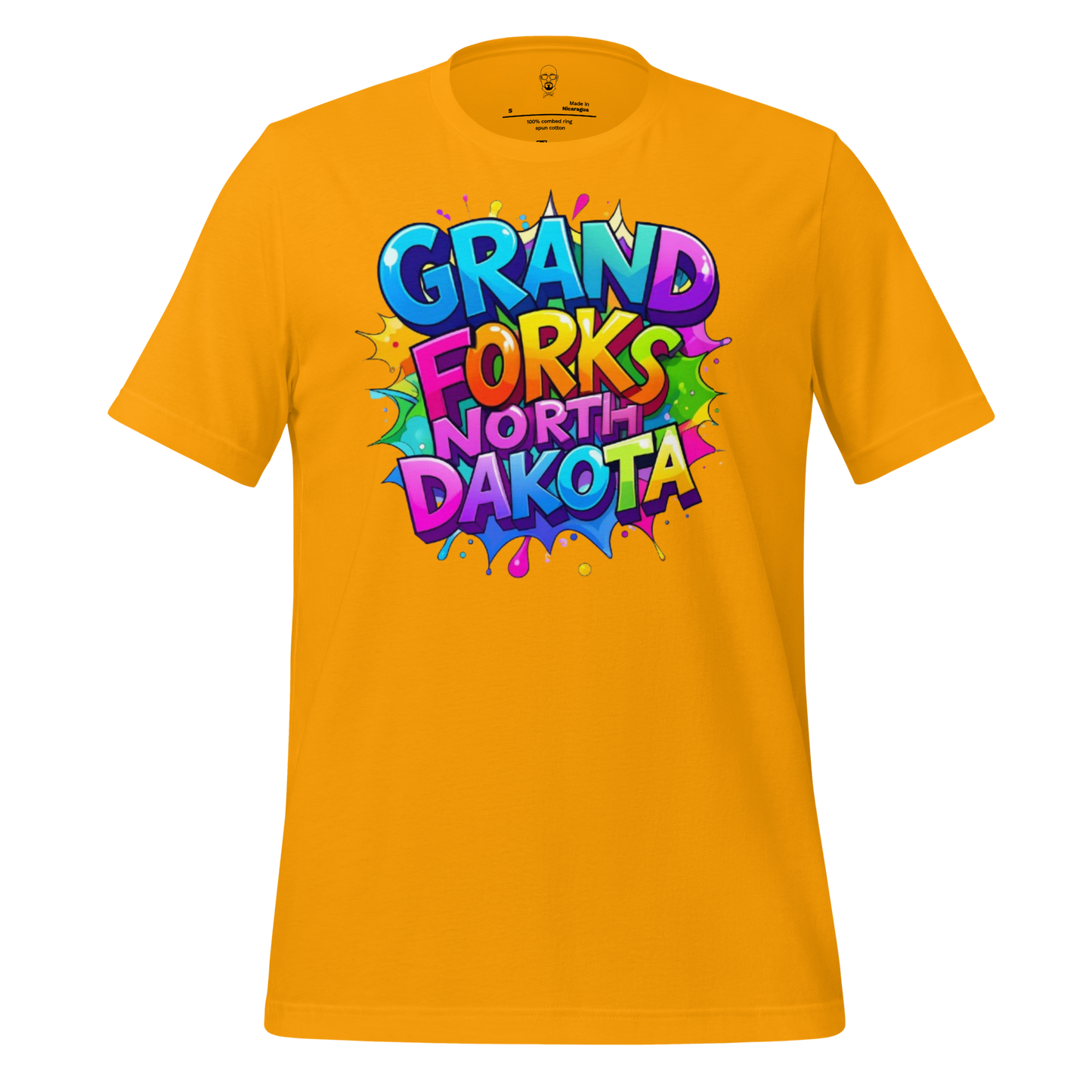 Yellow JMK Drip t-shirt with colorful Grand Forks North Dakota t-shirt graphic design