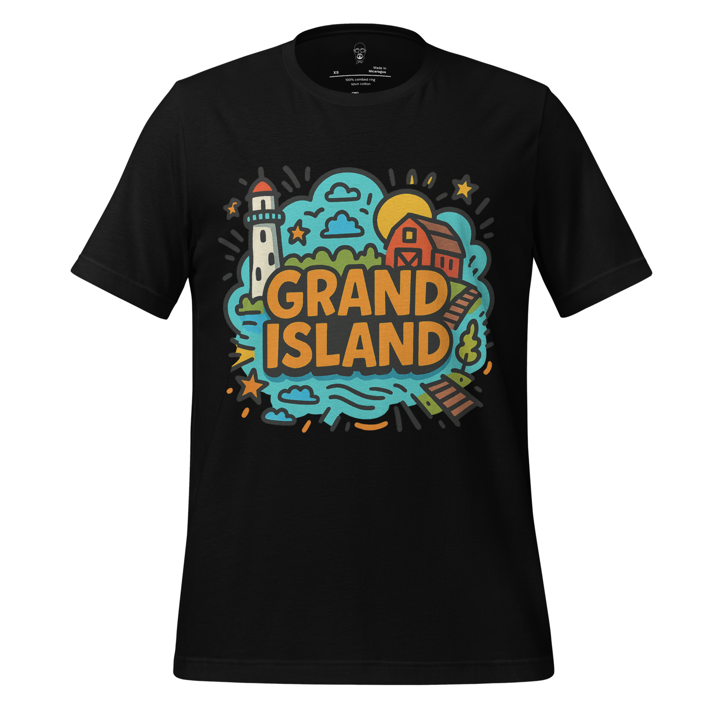JMK Drip black Grand Island Graphic T-Shirt with colorful lighthouse and barn illustration