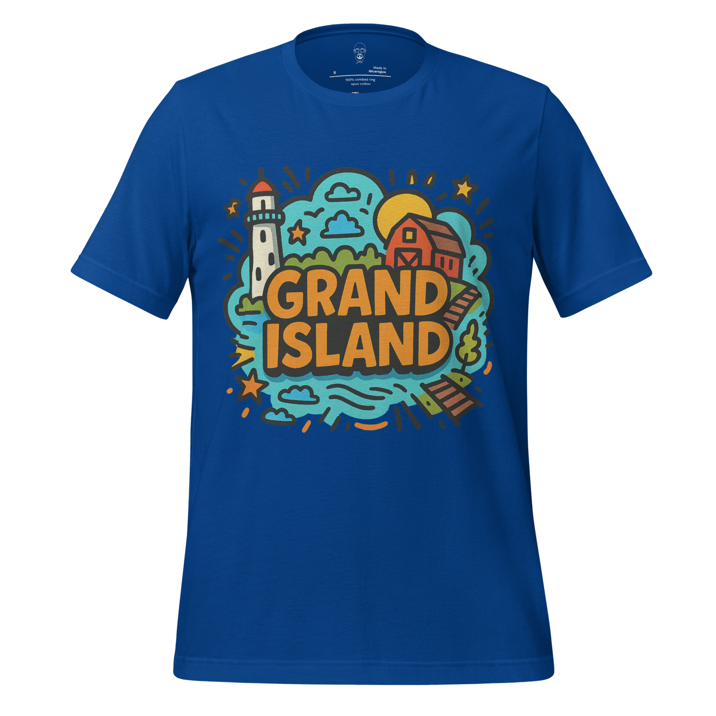 JMK Drip blue Grand Island Graphic T-Shirt with lighthouse and barn artwork on front