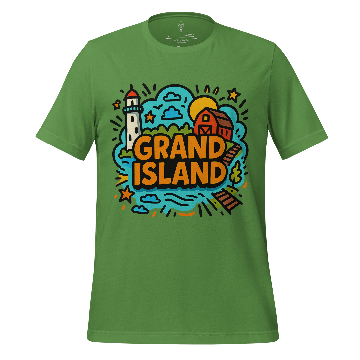 Green JMK Drip Grand Island Graphic T-Shirt with colorful island design and lighthouse print