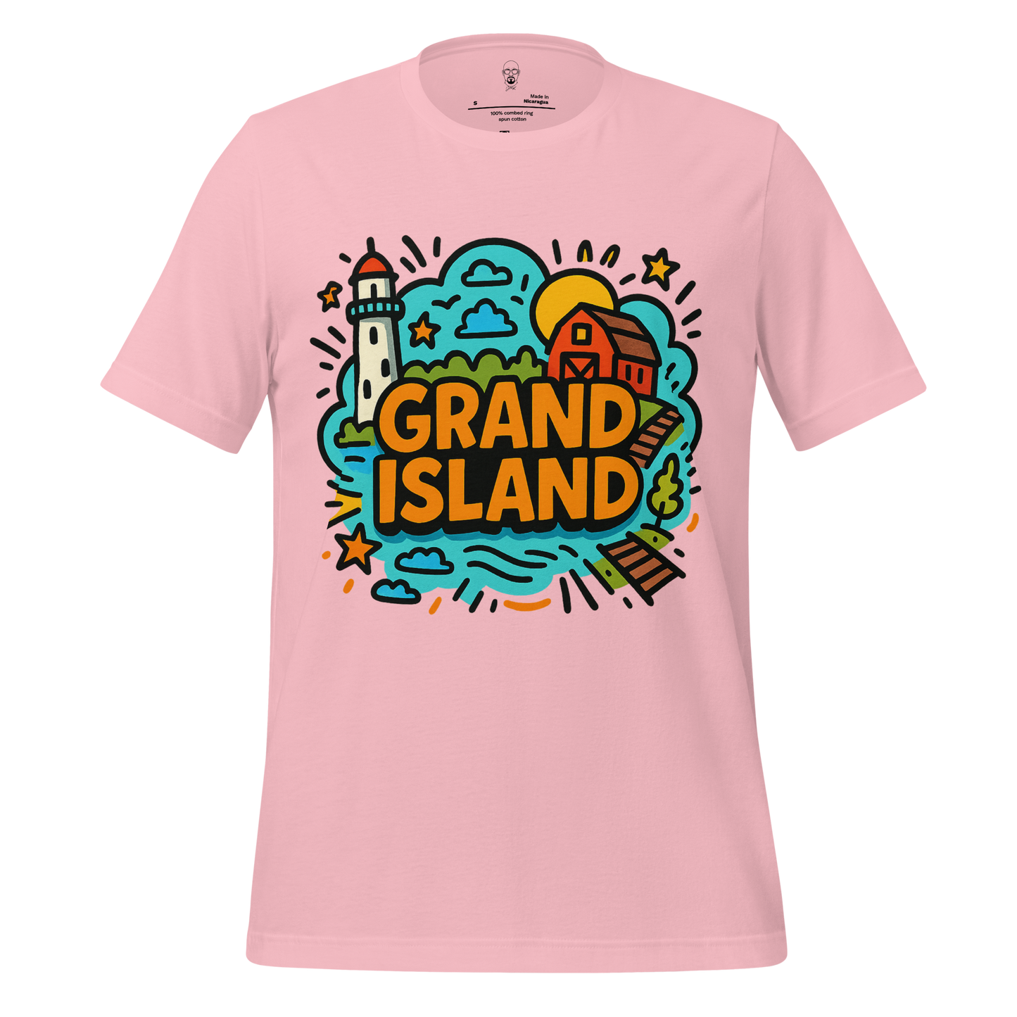 Pink Grand Island Graphic T-Shirt by JMK Drip featuring colorful lighthouse and barn design