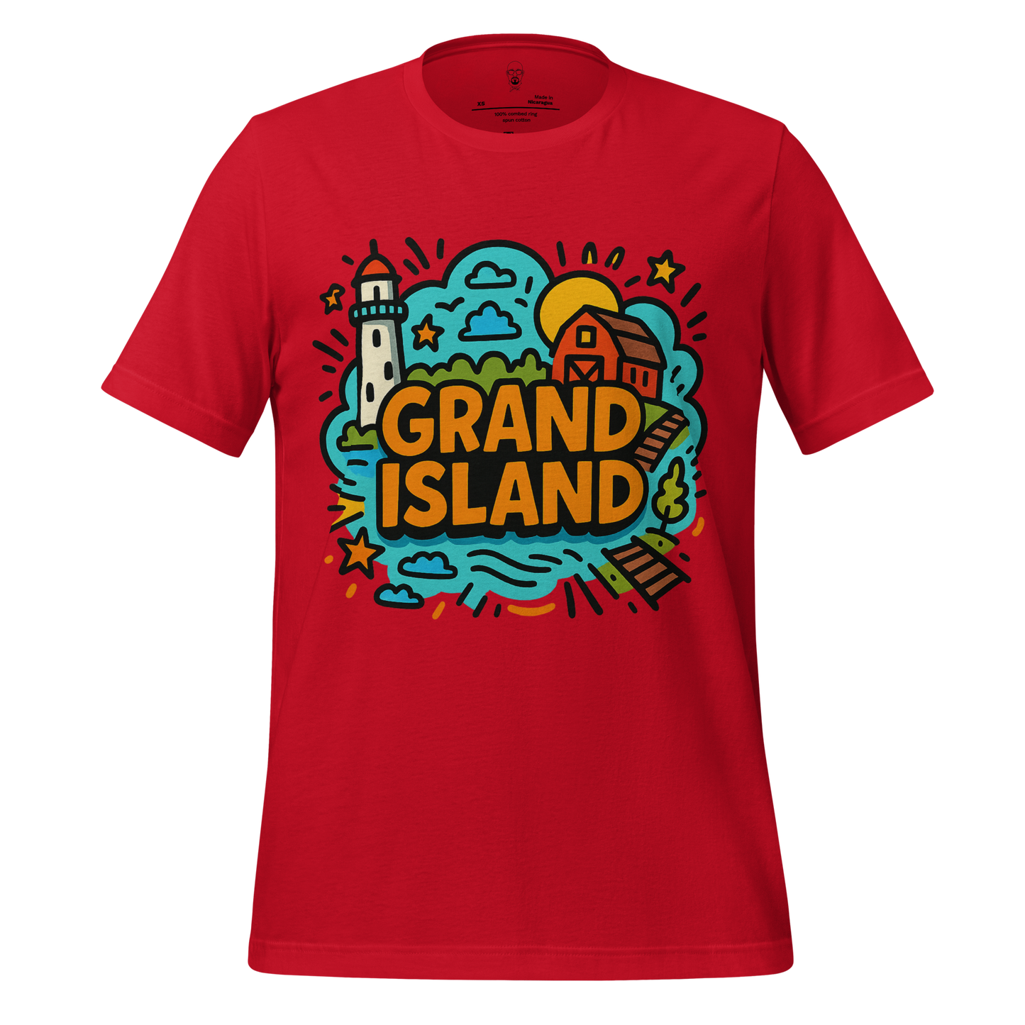 Red Grand Island Graphic T-Shirt by JMK Drip with colorful lighthouse and island design