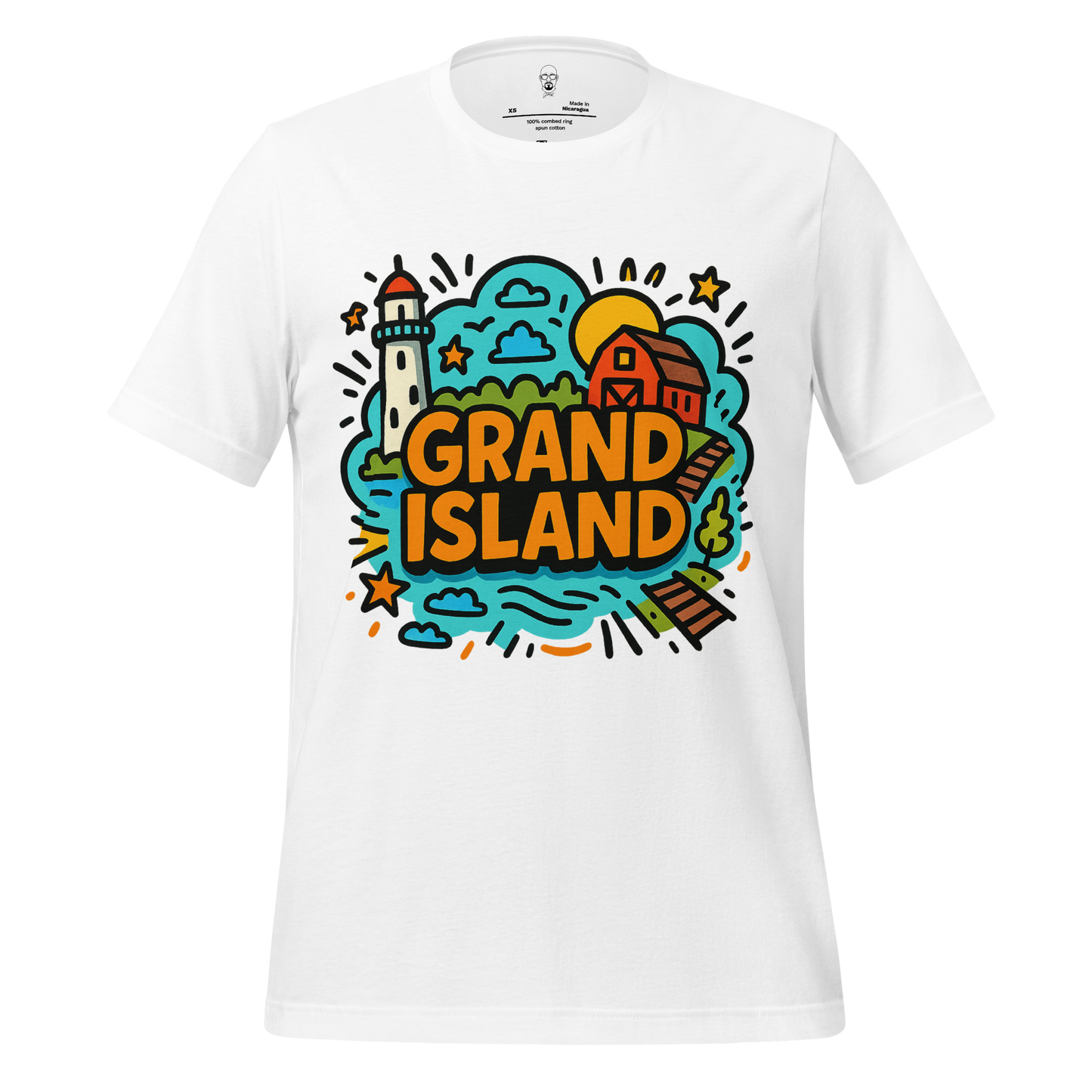 JMK Drip white Grand Island Graphic T-Shirt with colorful lighthouse and island illustration