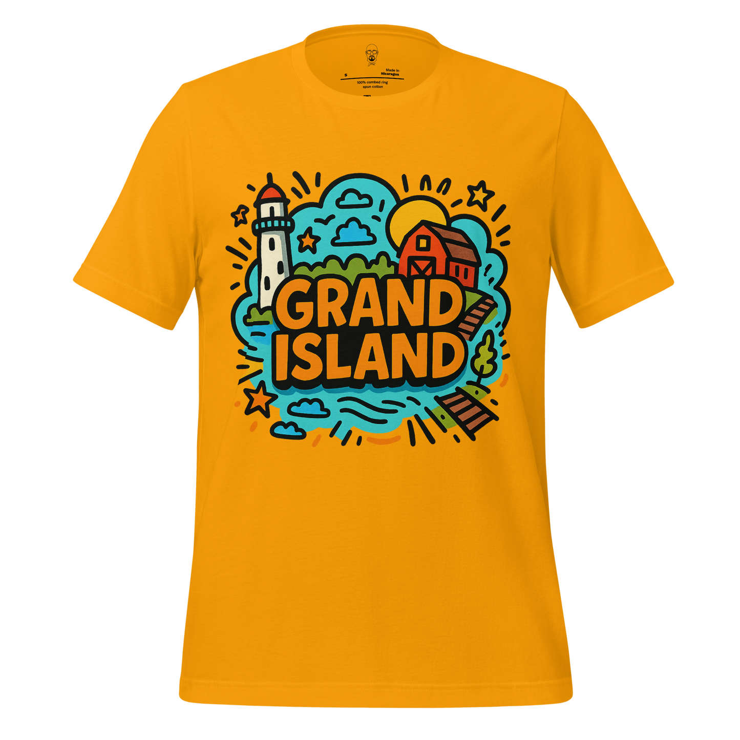 Yellow Grand Island Graphic T-Shirt with colorful lighthouse and barn illustration by JMK Drip