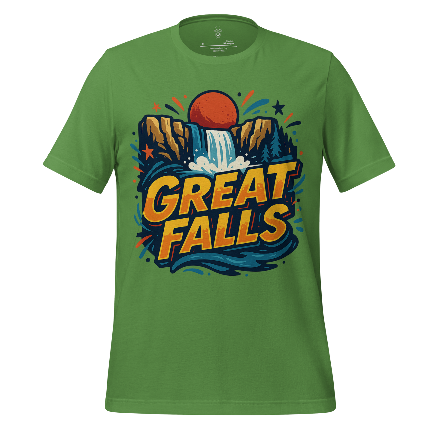 Green Great Falls Graphic T-Shirt with waterfall and sunset design by JMK Drip