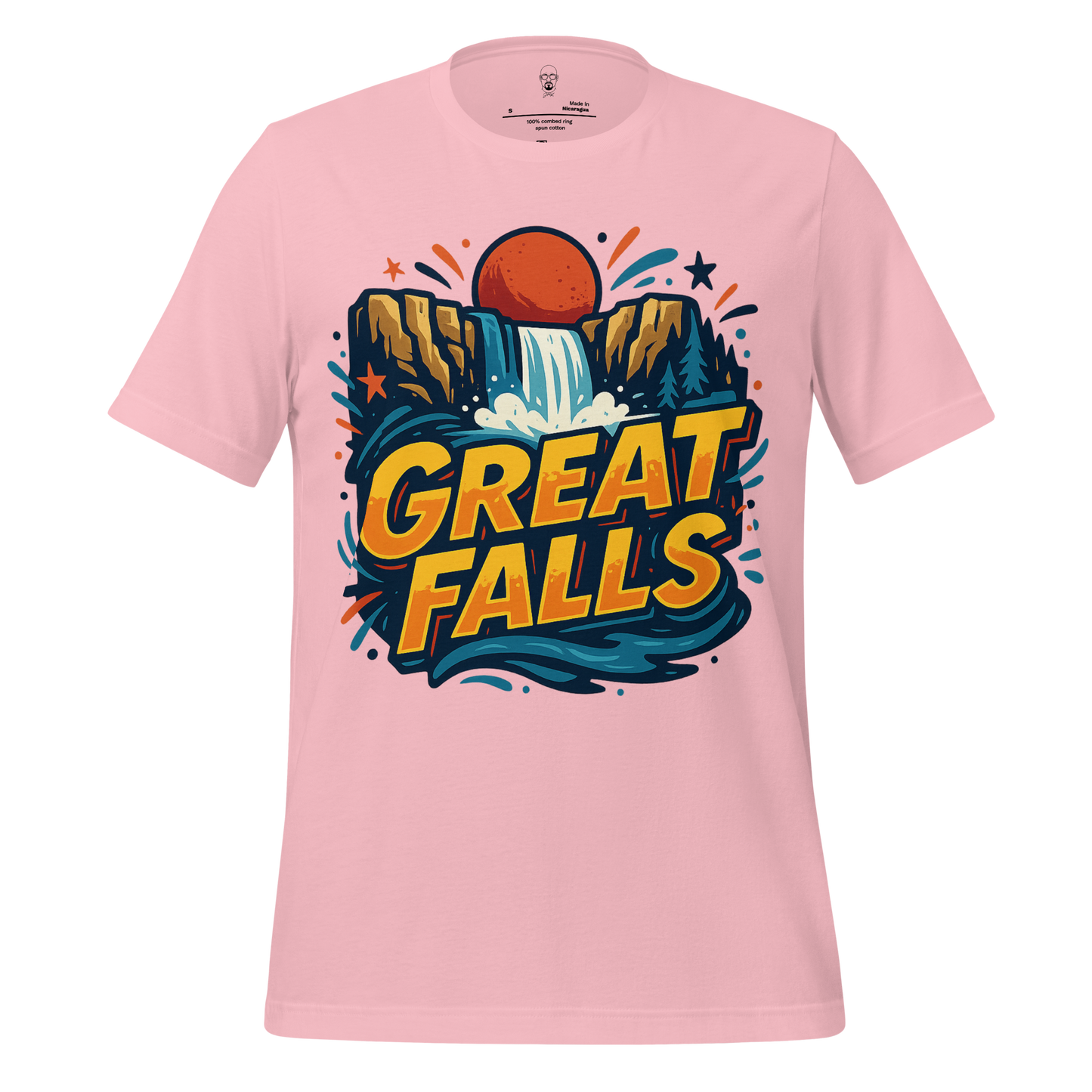 Pink Great Falls Graphic T-Shirt by JMK Drip featuring colorful waterfall and sunset design