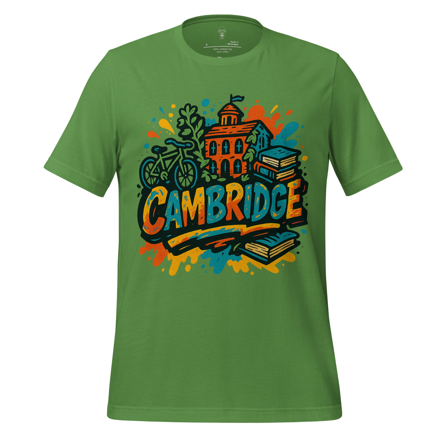 Green JMK Drip Cambridge graphic t-shirt with colorful university-themed design and bicycle illustration