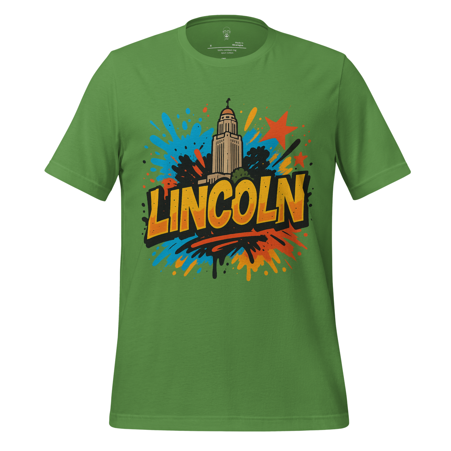 JMK Drip Lincoln Graphic T-Shirt in green with colorful cityscape and bold Lincoln text design