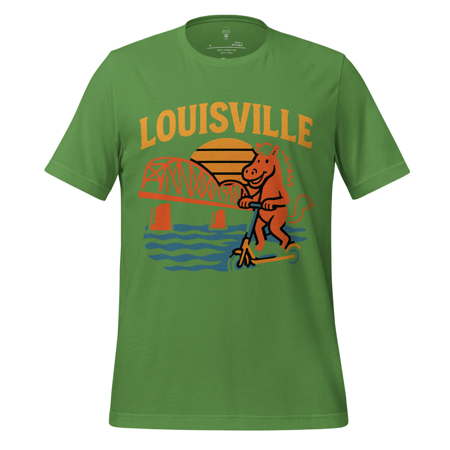 Green Louisville graphic t-shirt with cartoon horse riding scooter and bridge design