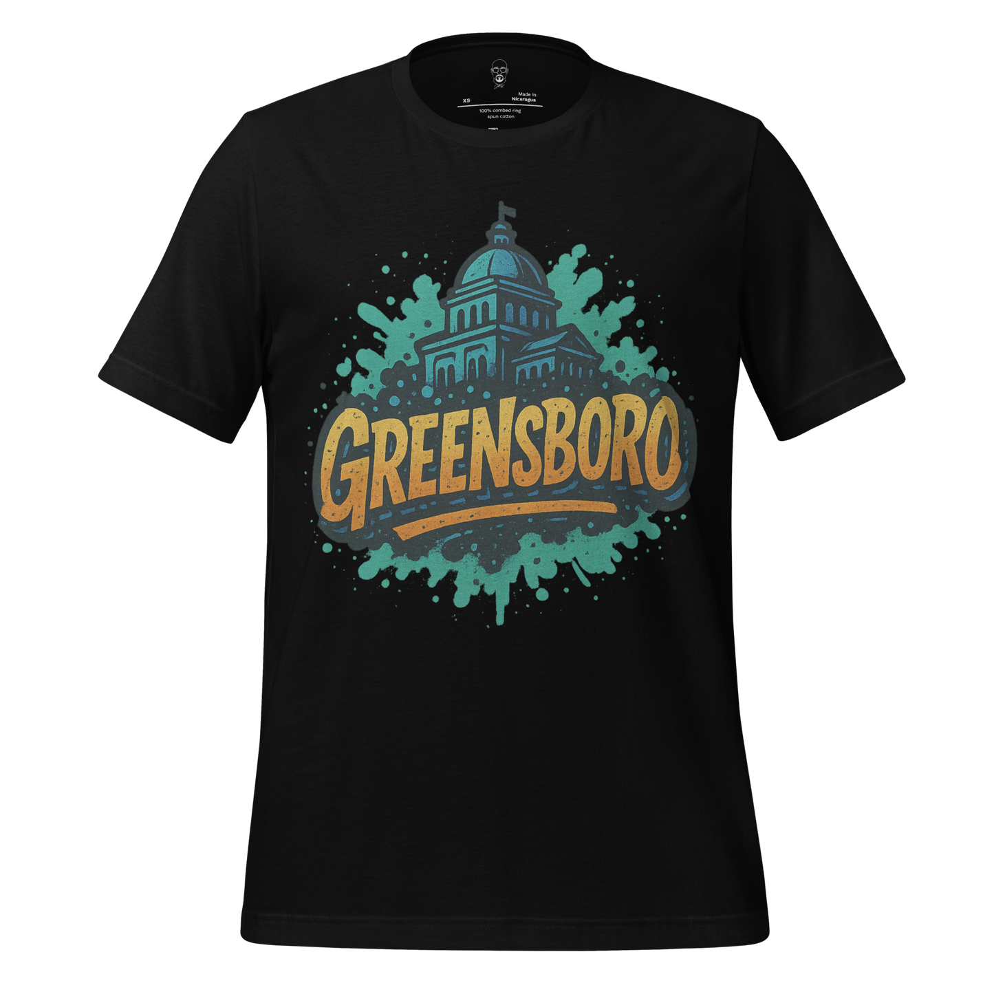 JMK Drip Greensboro Graphic T-Shirt with vintage cityscape design on black cotton fabric