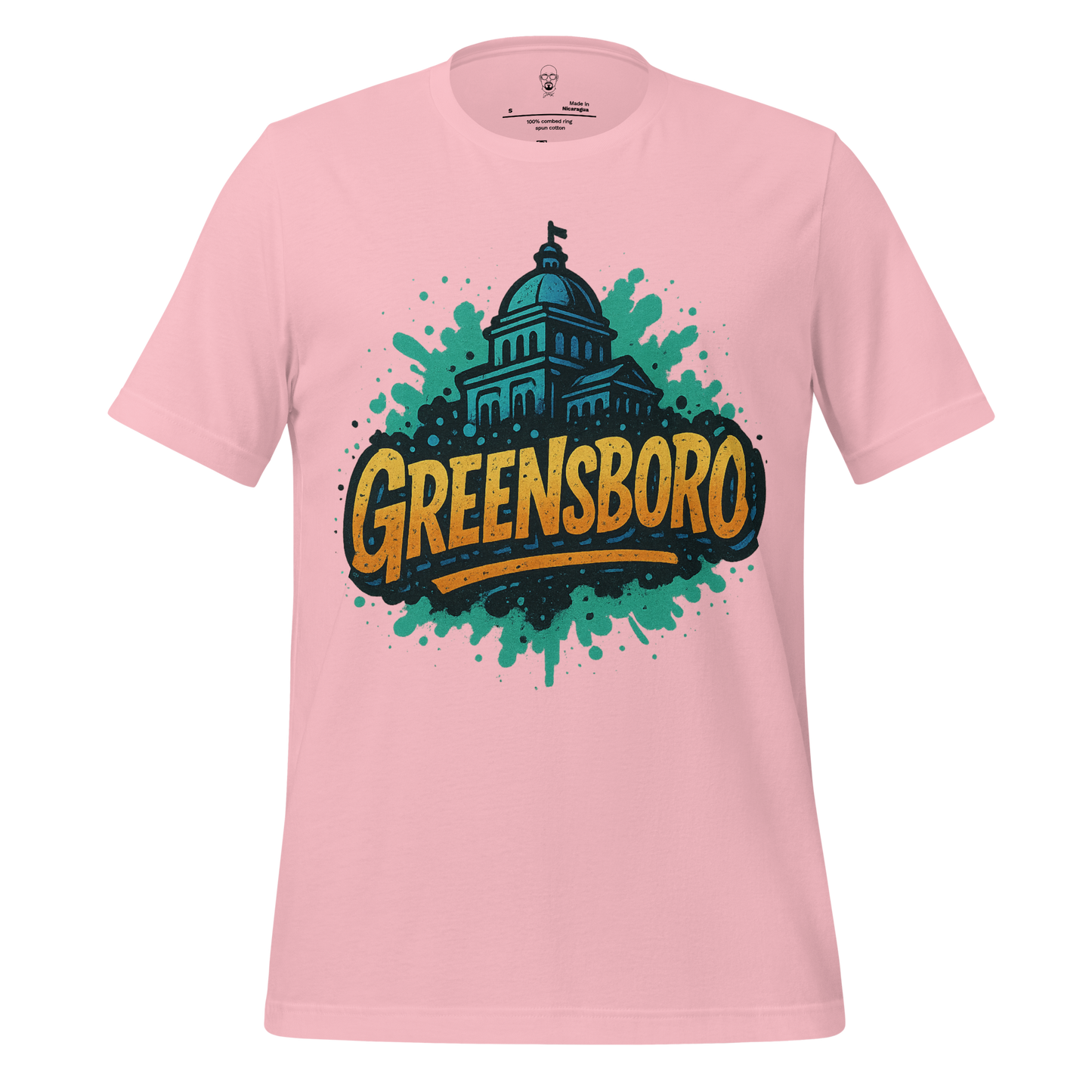 Pink Greensboro Graphic T-Shirt with city dome illustration and bold text design