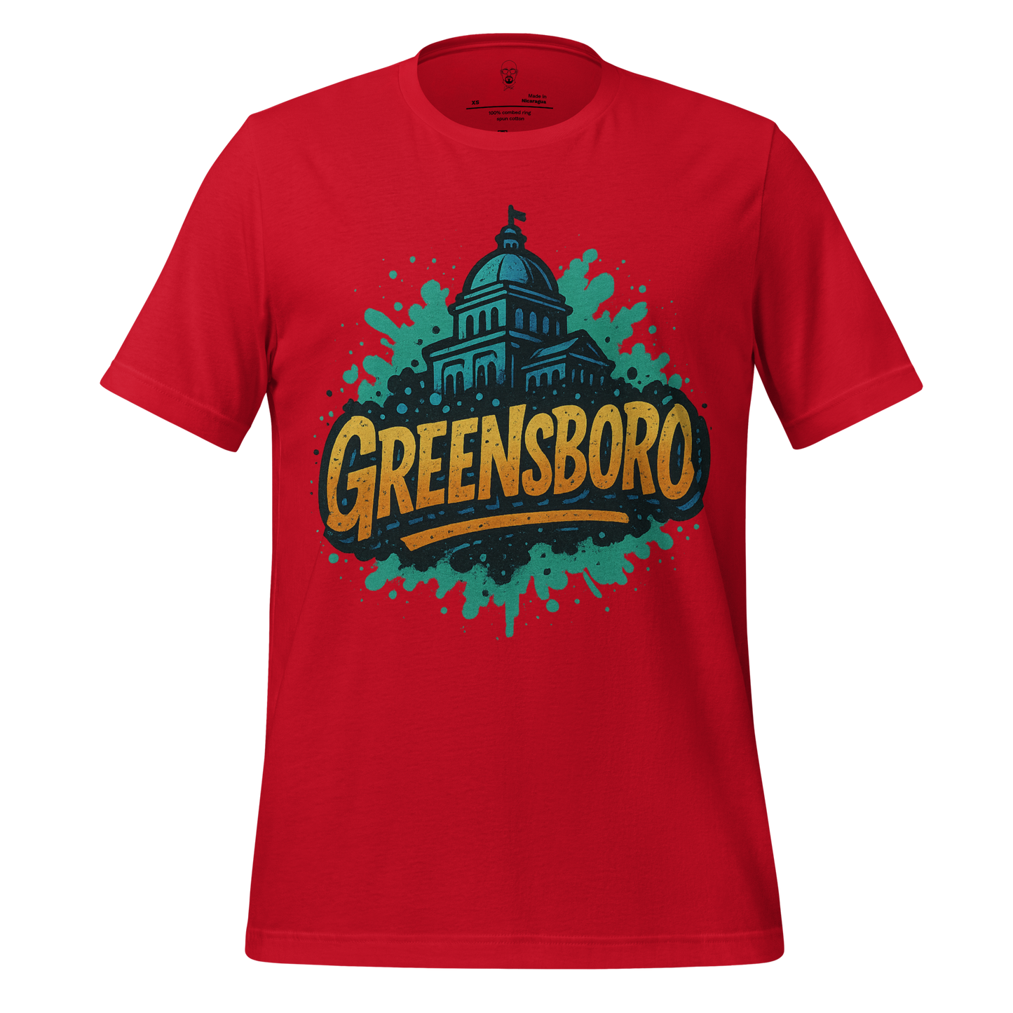 Red Greensboro Graphic T-Shirt featuring a blue and gold city building design with paint splatter background