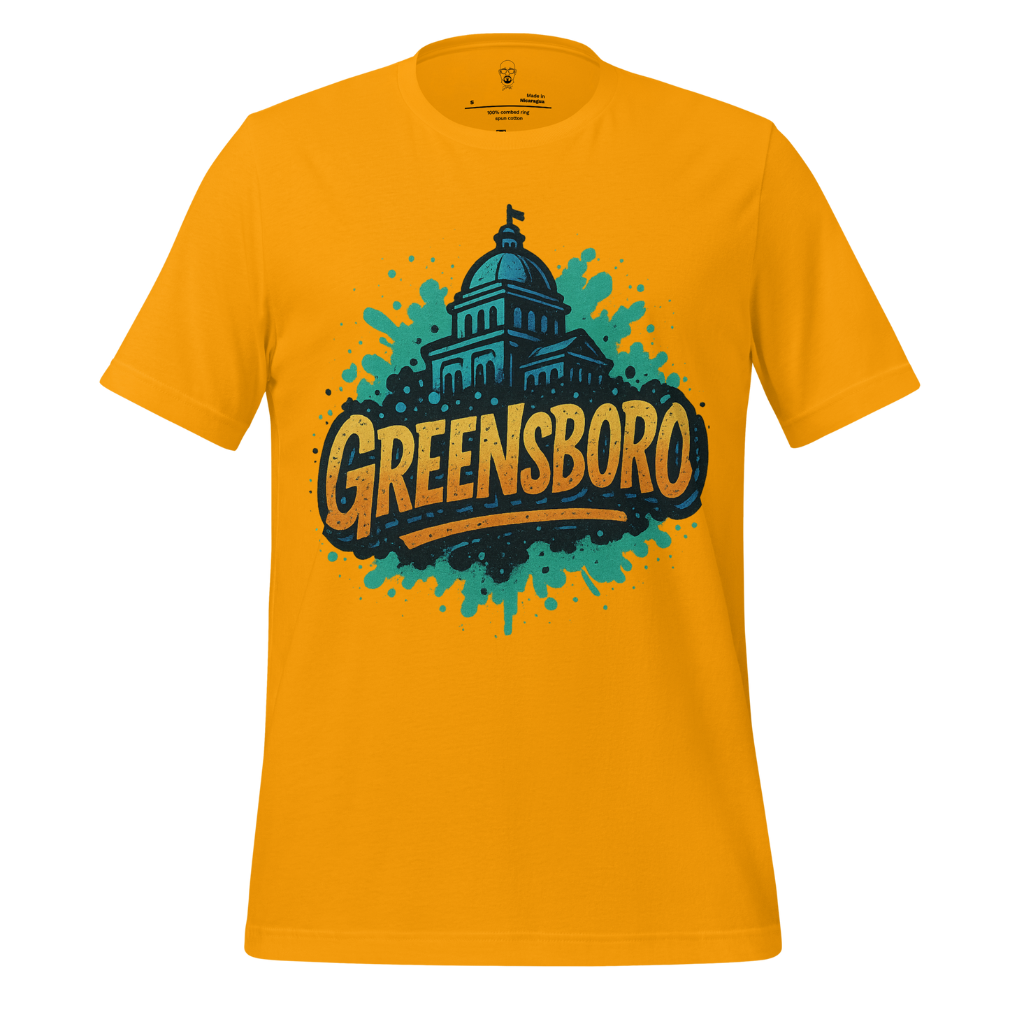 JMK Drip Greensboro Graphic T-Shirt in mustard yellow with blue and black city hall design