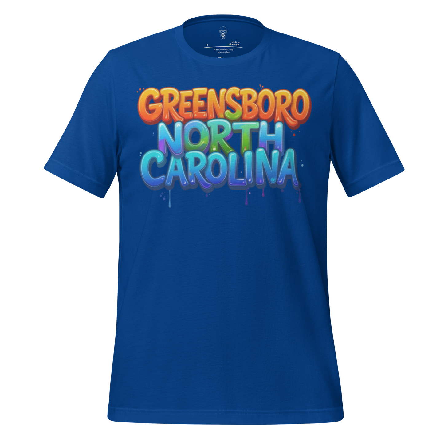 Blue Greensboro North Carolina t-shirt with colorful graffiti style text design by JMK Drip