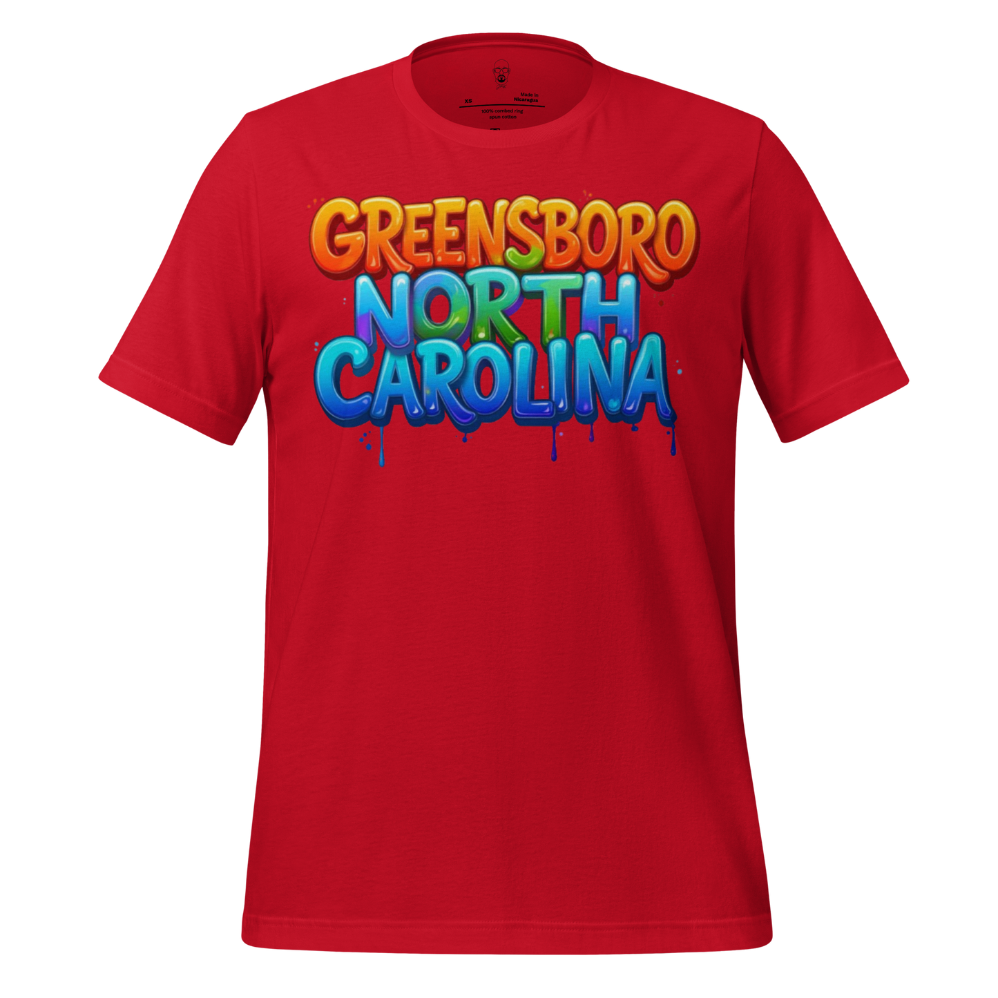 Red Greensboro North Carolina t-shirt with colorful graffiti style text design