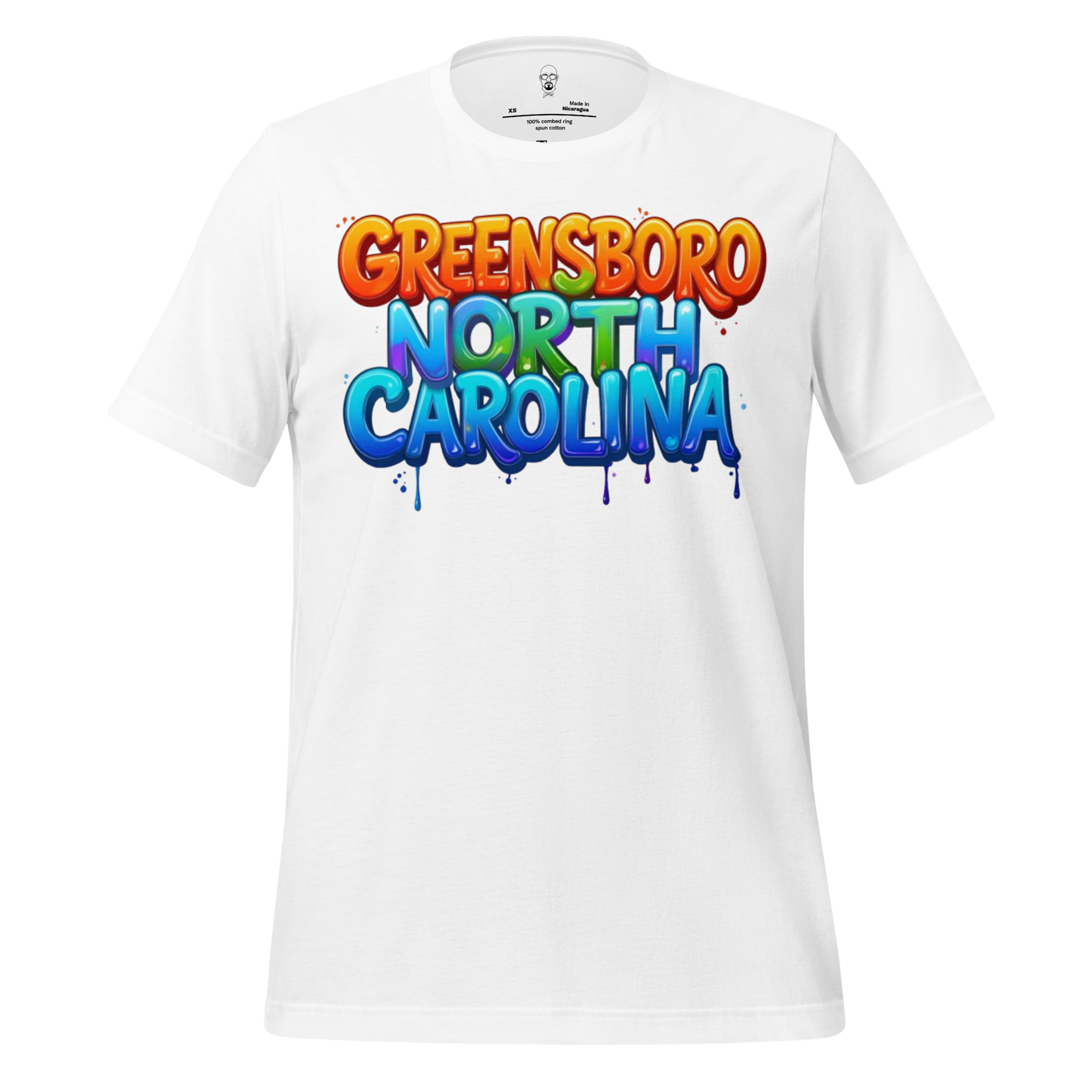 White Greensboro North Carolina t-shirt with colorful graffiti style city name print